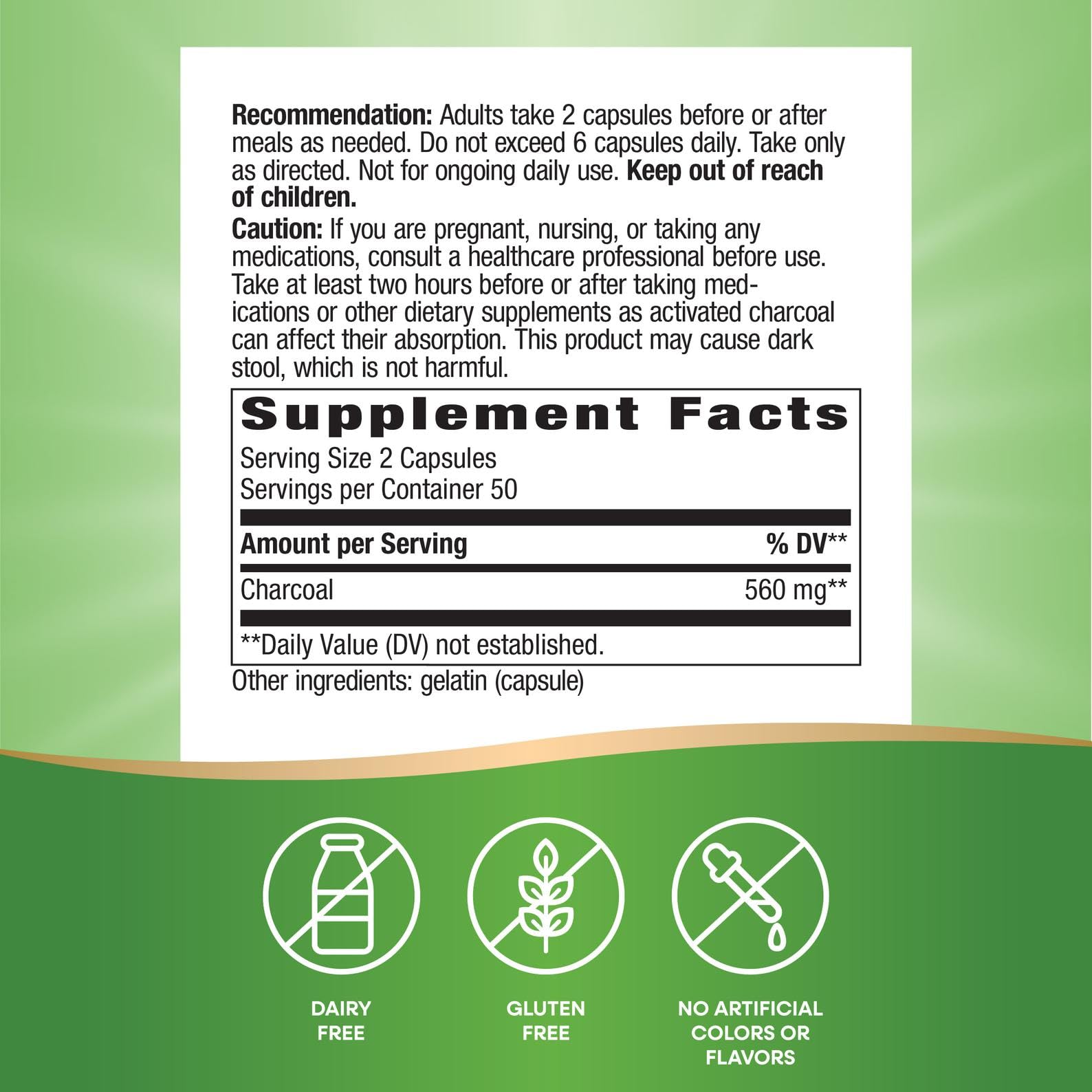Nature's Way Activated Charcoal, Binds Unwanted Materials and Gas in the Digestive Tract*, 560 mg per 2-Capsule Serving,