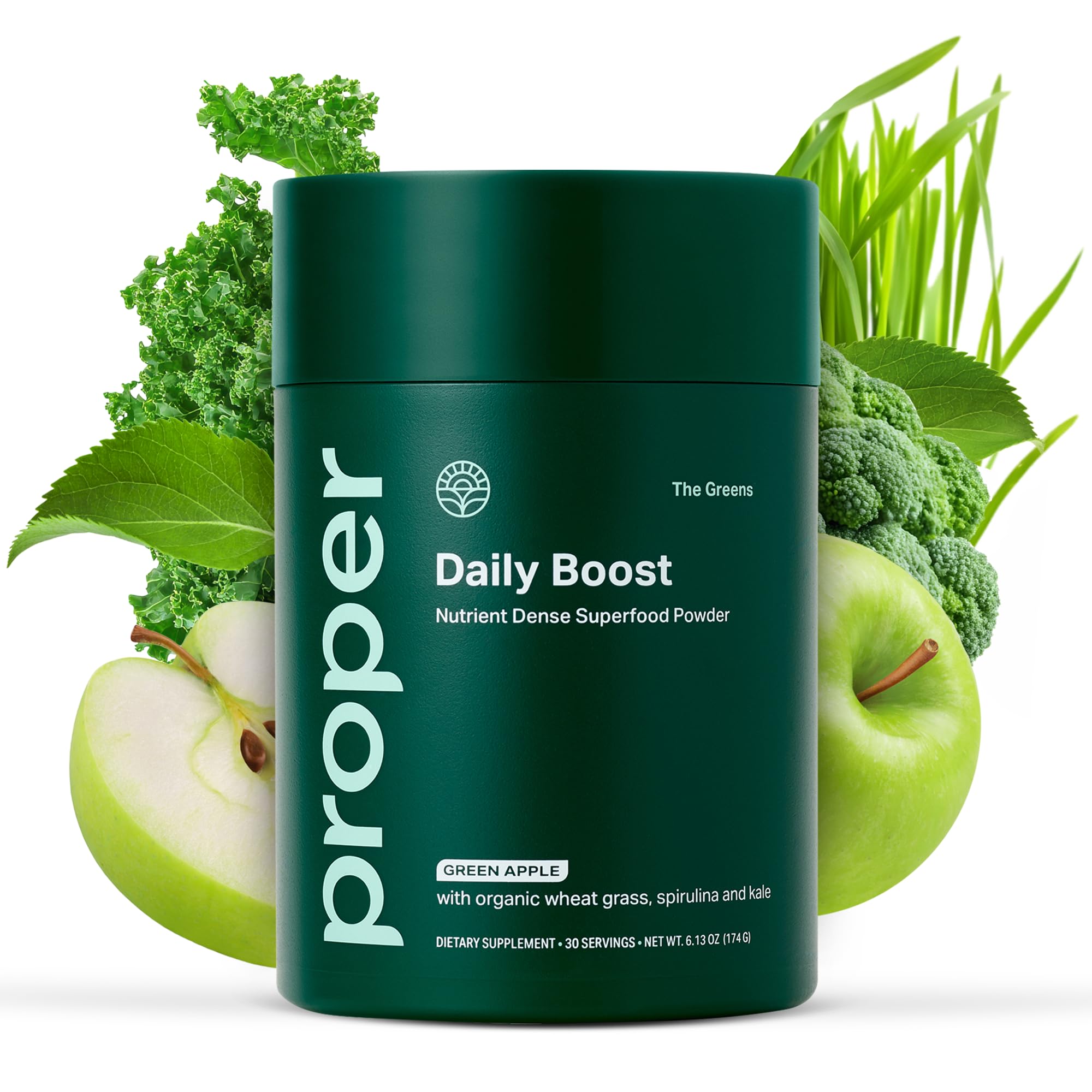 Proper, The Greens Daily Boost Organic Greens Powder. Whole Food, Apple Flavour Veggie Powder Superfood with Wheatgrass, Spirulina, Chlorella, Probiotics.