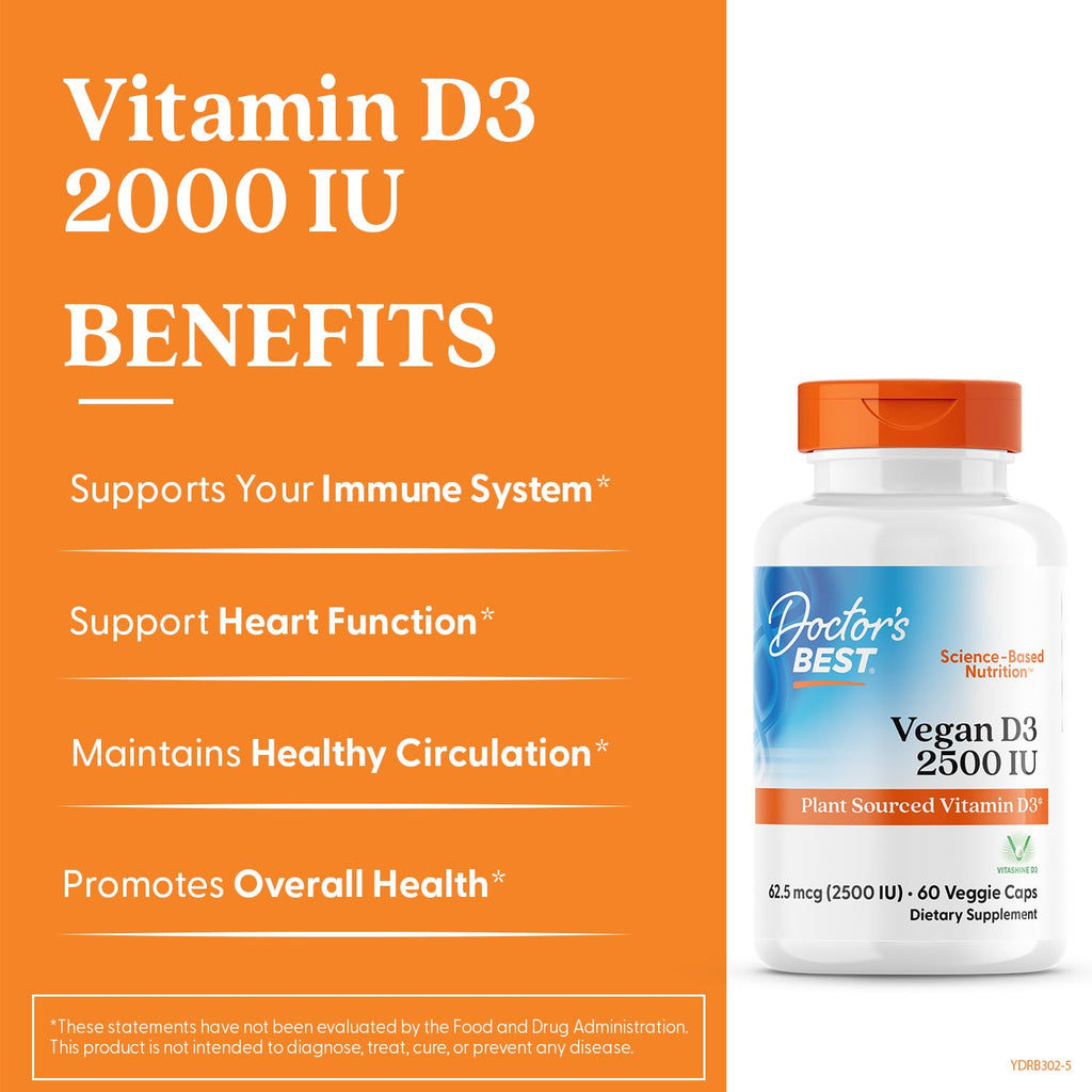 Doctors Best Vegan Vitamin D3 2500 IU Veg Caps - Vegan Vitamin D Supplement for Men & Women, Helps Support Calcium Absorption, Heart Health & Immune Support,