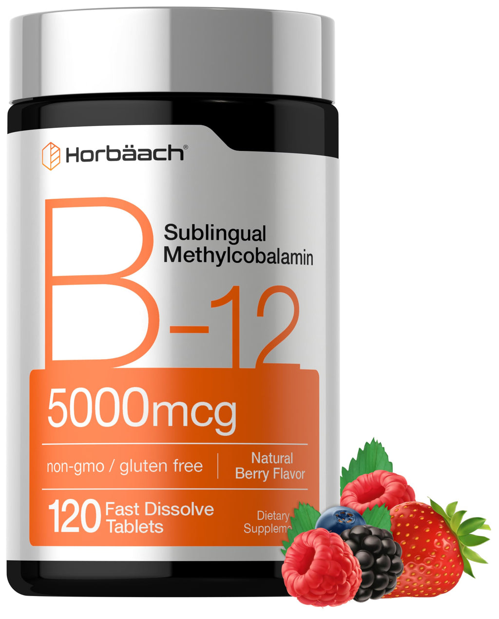 Horbäach B12 Vitamin 5000 mcg | 120 Fast Dissolve Tablets | Sublingual Methylcobalamin | Natural Berry Flavor | Vegan, Non-GMO
