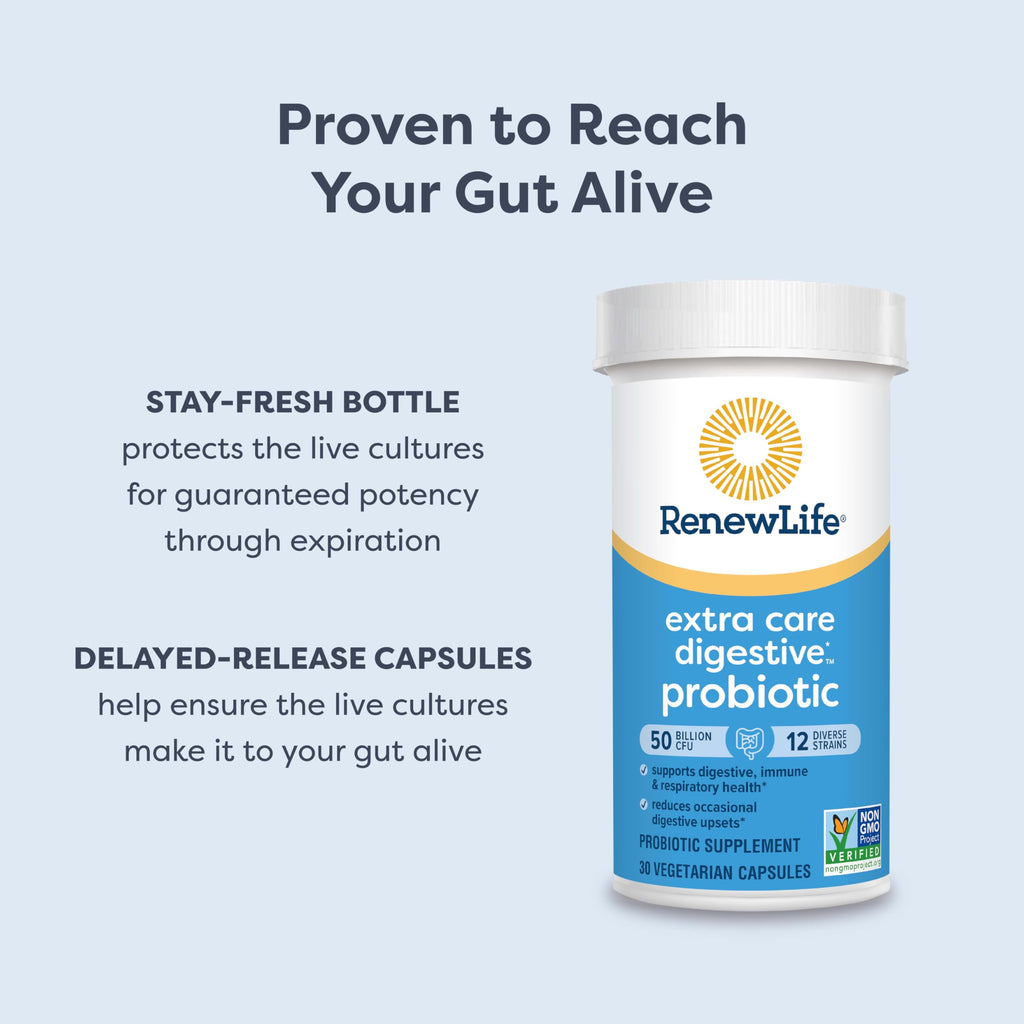 Renew Life Extra Care Digestive Probiotic Capsules, 50 Billion CFU Guaranteed, Daily Supplement Supports Immune, Digestive, Respiratory Health(1), L. Rhamnosus GG