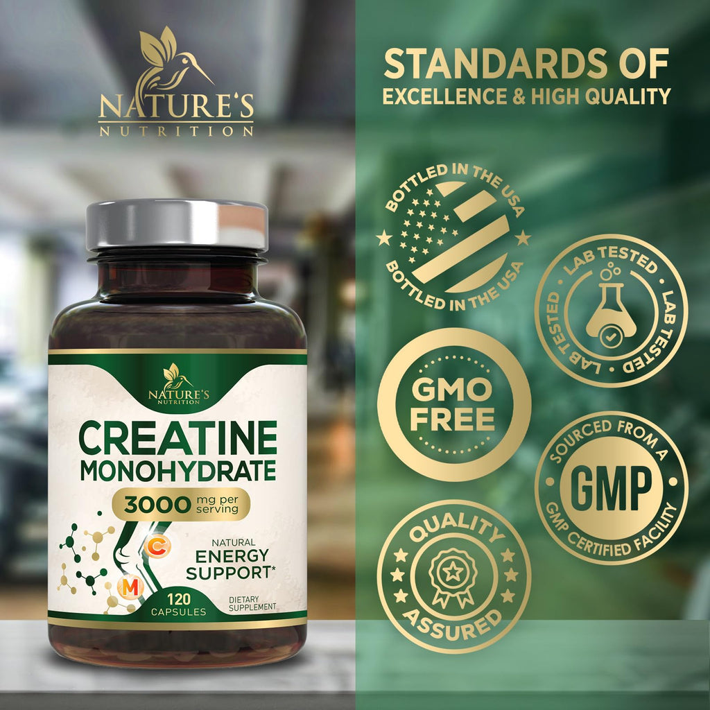 Creatine Monohydrate Capsules 3000mg Per Serving – Micronized Creatine Powder - Supports Lean Muscle, Strength, Energy, & Endurance - Nature's Supplement, Non-GMO, Bottled in USA - 120 Capsules Nature's Nutrition Au supplements