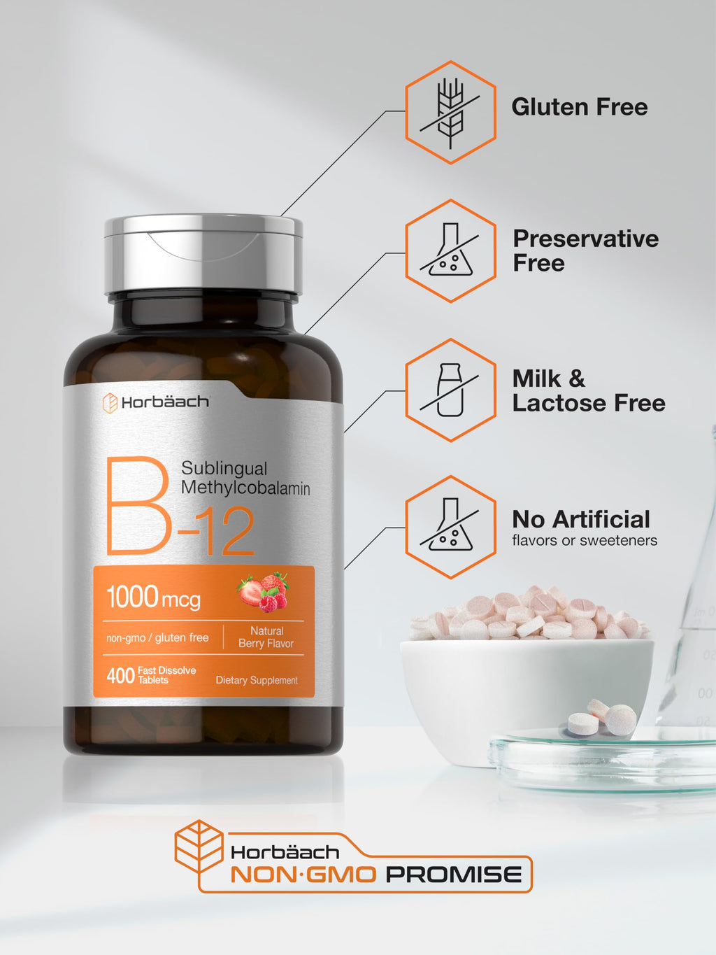 Horbaach Vitamin B12 1000 mcg Sublingual | 400 Fast Dissolve Tablets | Methylcobalamin Supplement for Women and Men