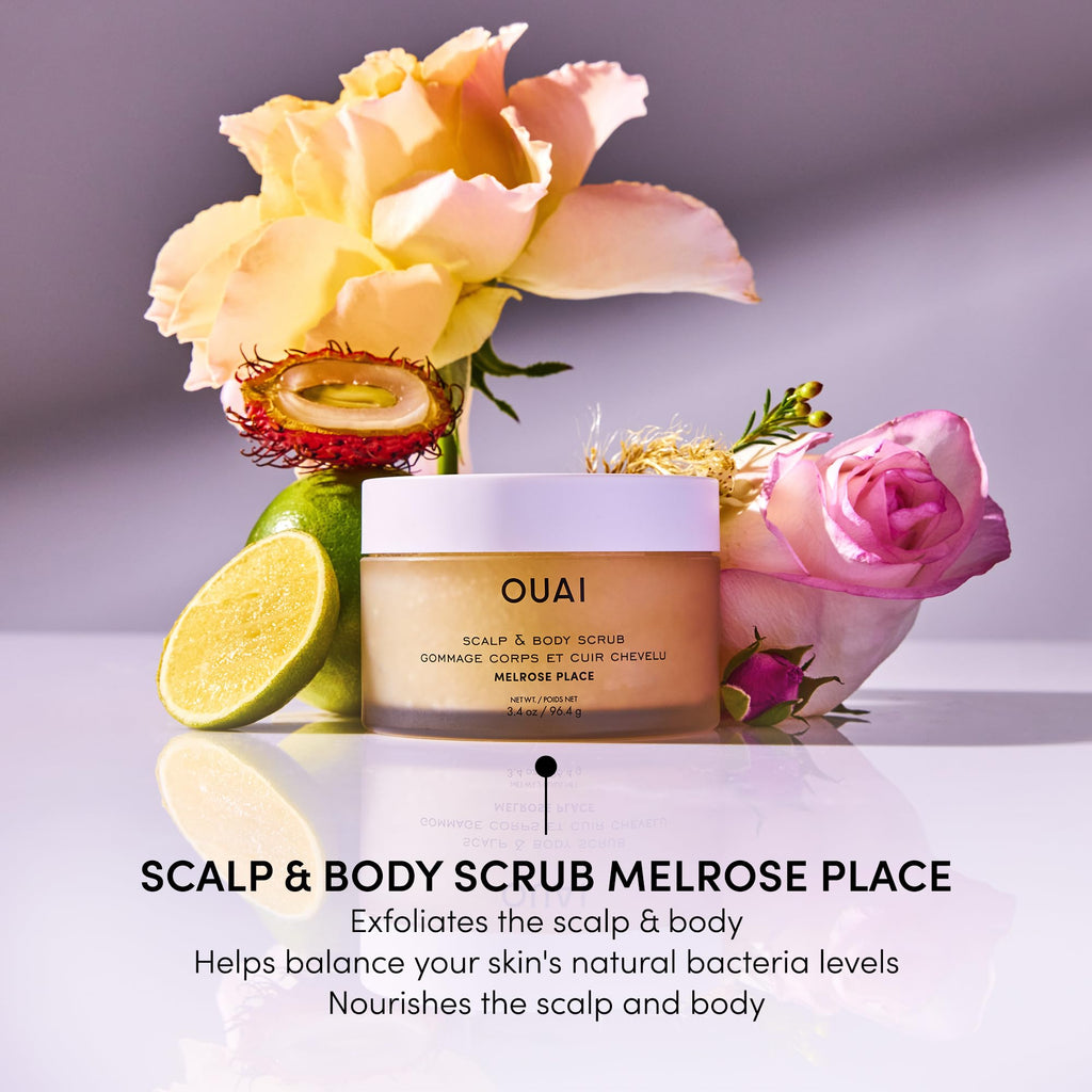 OUAI Scalp & Body Scrub Travel Size, Melrose Place - Exfoliating Body Scrub with Sugar & Coconut Oil Blend for Smooth, Moisturized Skin - Gentle for Removing Product Build Up (3.4 Oz) OUAI Au supplements