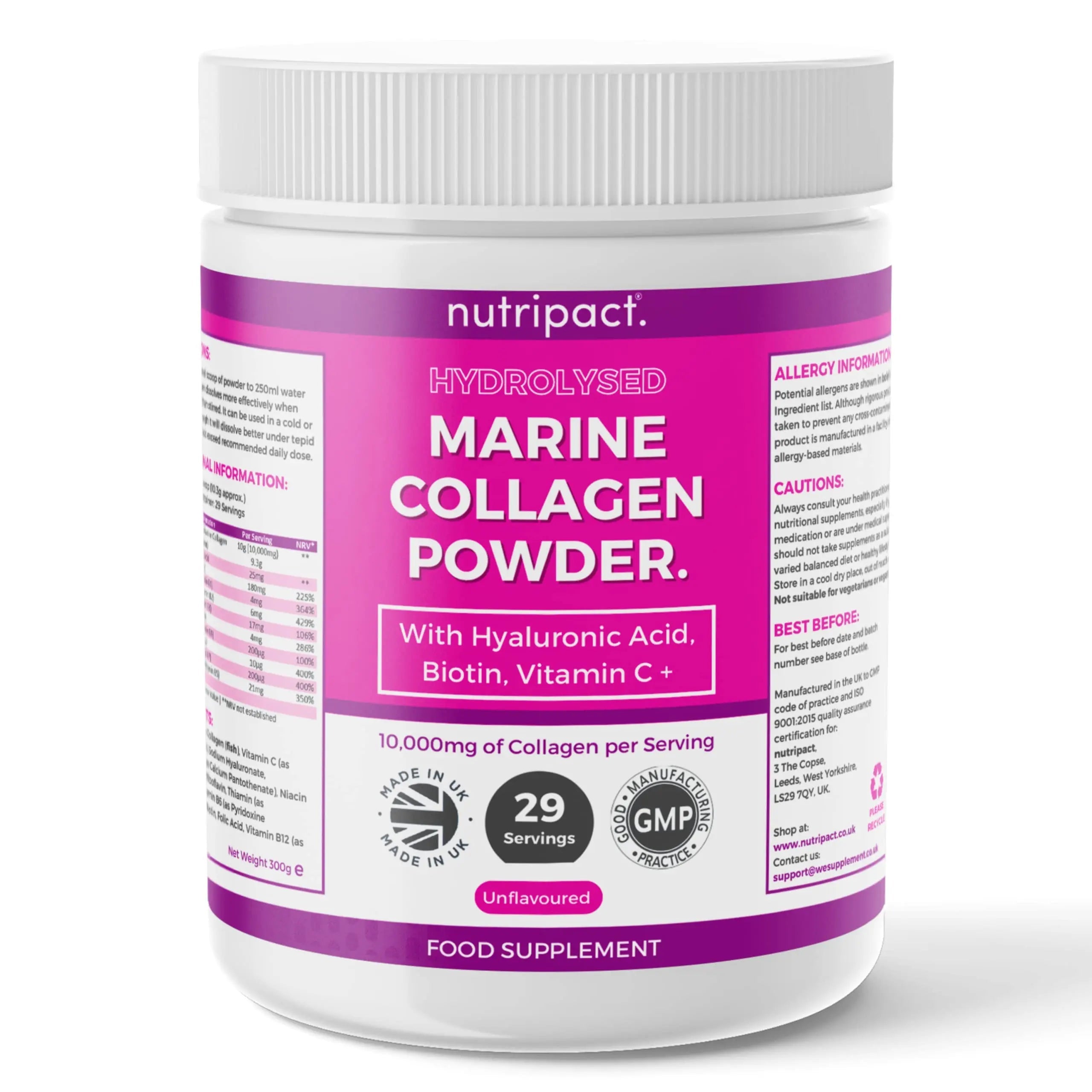 Hydrolysed Marine Collagen Peptides Powder with Hyaluronic Acid, Biotin, Vitamin C & B Vitamins – 10,000mg Collagen nutripact Au supplements