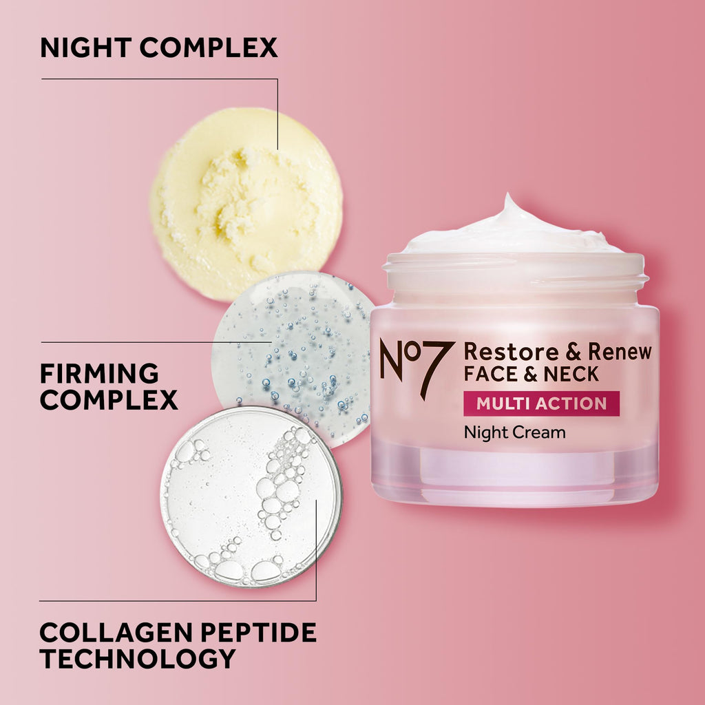 No7 Restore & Renew Multi Action Night Cream for Face & Neck - Nighttime Face Moisturizer with Collagen Peptides