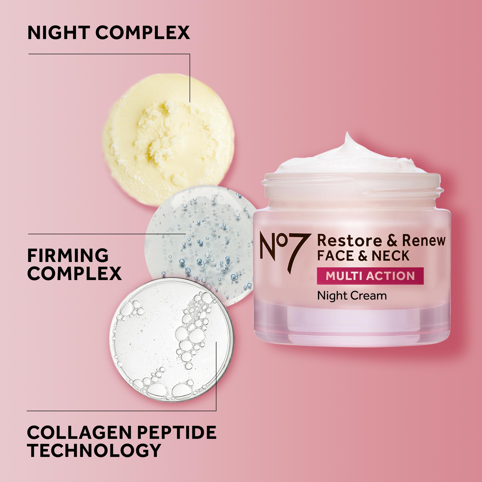 No7 Restore & Renew Multi Action Night Cream for Face & Neck - Nighttime Face Moisturizer with Collagen Peptides