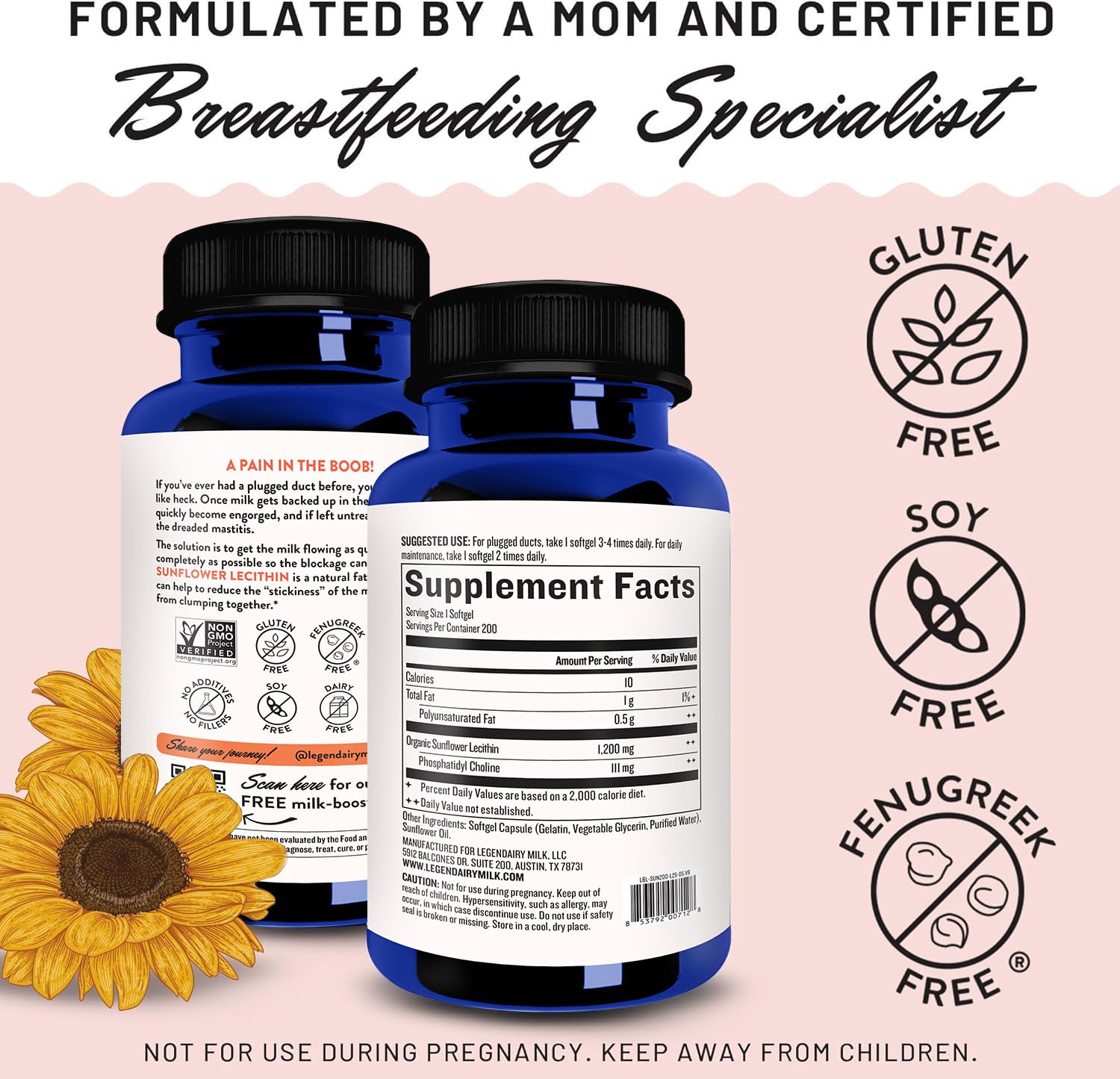 Legendairy Milk Sunflower Lecithin 1200mg, Lactation Support, Sunflower Lecithin Supplement for Clogged Milk Ducts