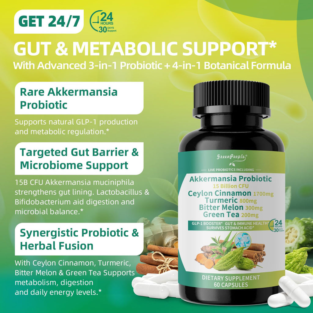 GREENPEOPLE Akkermansia Probiotics 15B CFU for Gut Function, 60CT Probiotics Supplement with Ceylon Cinnamon, Turmeric | Digestive Health & Metabolic Support