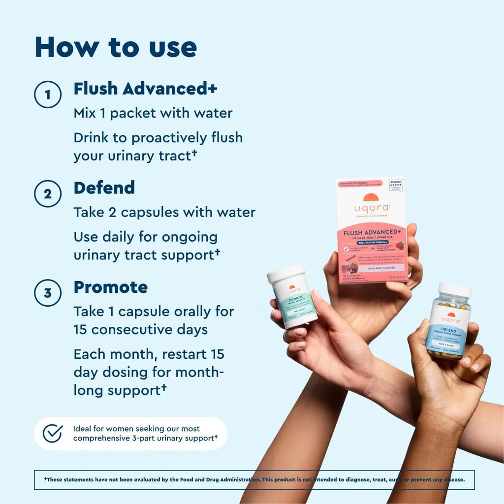 Uqora Flush Advanced+ Regimen with Flush Advanced+ - Cranberry to Reduce Risk of Recurrent UTI** - Defend & Promote - D-Mannose, Vitamin C, Green Tea Extract & Probiotics - 3-Part Bundle Uqora Au supplements