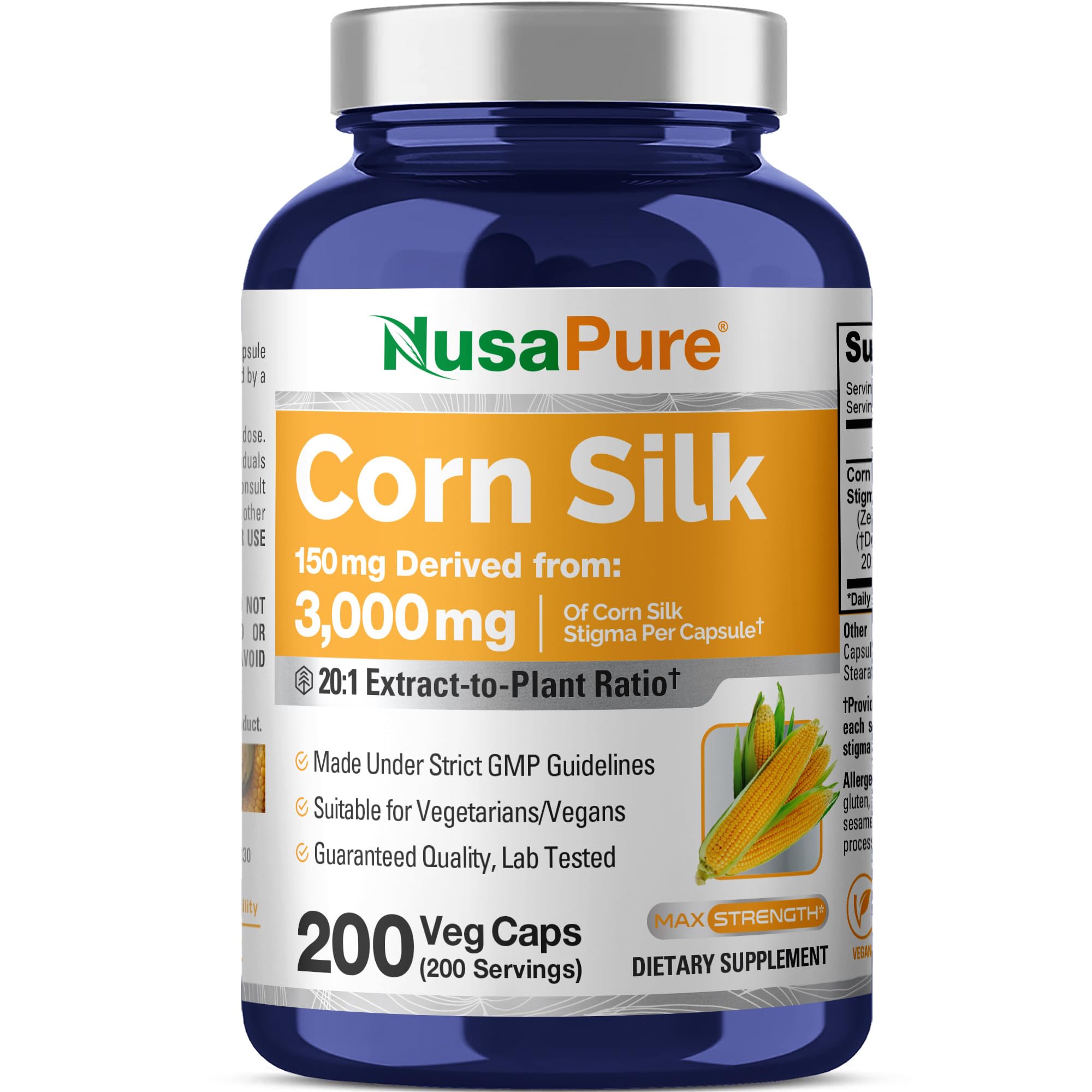 NusaPure Corn Silk Extract 3,000 mg per Caps - 200 Veggie Caps (100% Vegetarian, Non-GMO, Extract 20:1, Vegan) NusaPure Au supplements
