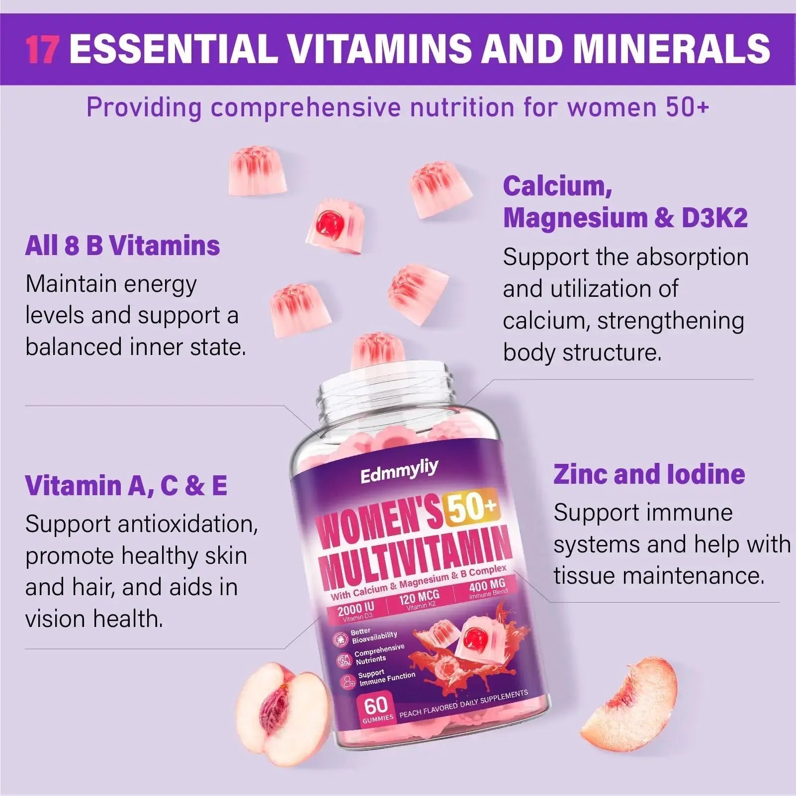 Womens Multivitamin Gummy 50 and Over - Chewable Multi Vitamin A, C, D3, E, K2 & B Complex, Folate, Biotin, Calcium, Magnesium Edmmyliy Au supplements