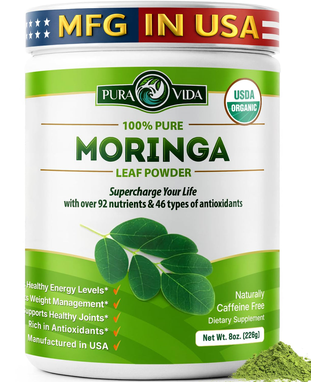 PURA VIDA MORINGA Organic Moringa Powder, Premium 100% Leaf Powder Single Origin - USDA Organic Moringa Oleifera Leaf