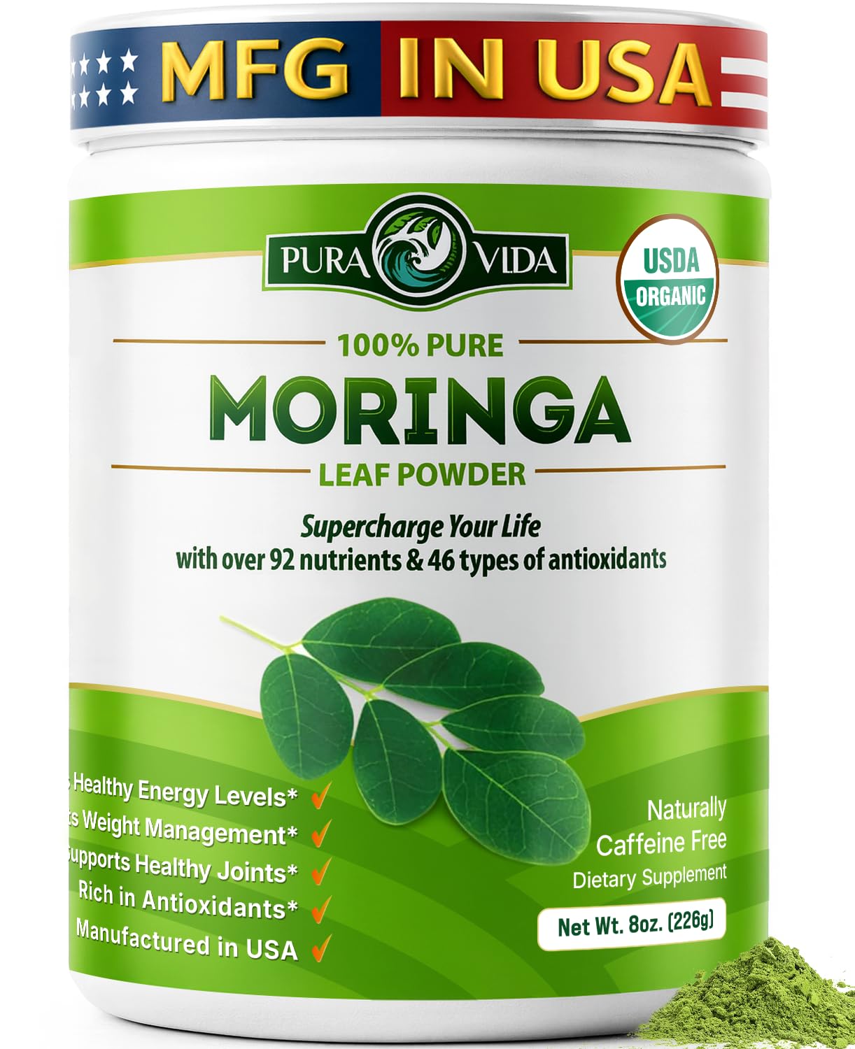 PURA VIDA MORINGA Organic Moringa Powder, Premium 100% Leaf Powder Single Origin - USDA Organic Moringa Oleifera Leaf