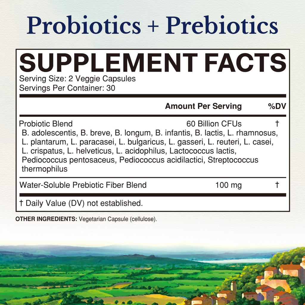 Vitalitown Probiotics + Prebiotics | 60 Billion CFUs 19 Strains | 60 Delayed Release Veg Caps | Shelf Stable, Prebiotics and Probiotics | Digestive Health