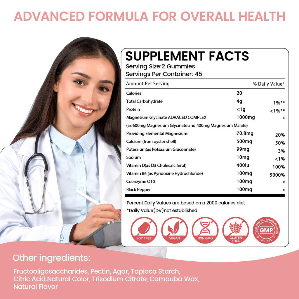 Magnesium Glycinate Gummies 1000mg, Sugar Free Magnesium Potassium Supplements Chewable for Adults with L-Threonate for Sleep