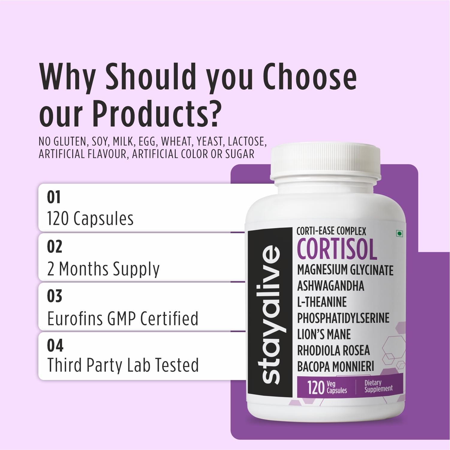 STAY ALIVE Cortisol Manager Supplement 15-in-1 Complex w/L-Theanine, Ashwagandha, Magnesium Glycinate, Phosphatidylserine and More, 120 Veg Capsules, Non-GMO & Gluten-Free Formula for Women and Men STAY ALIVE Au supplements