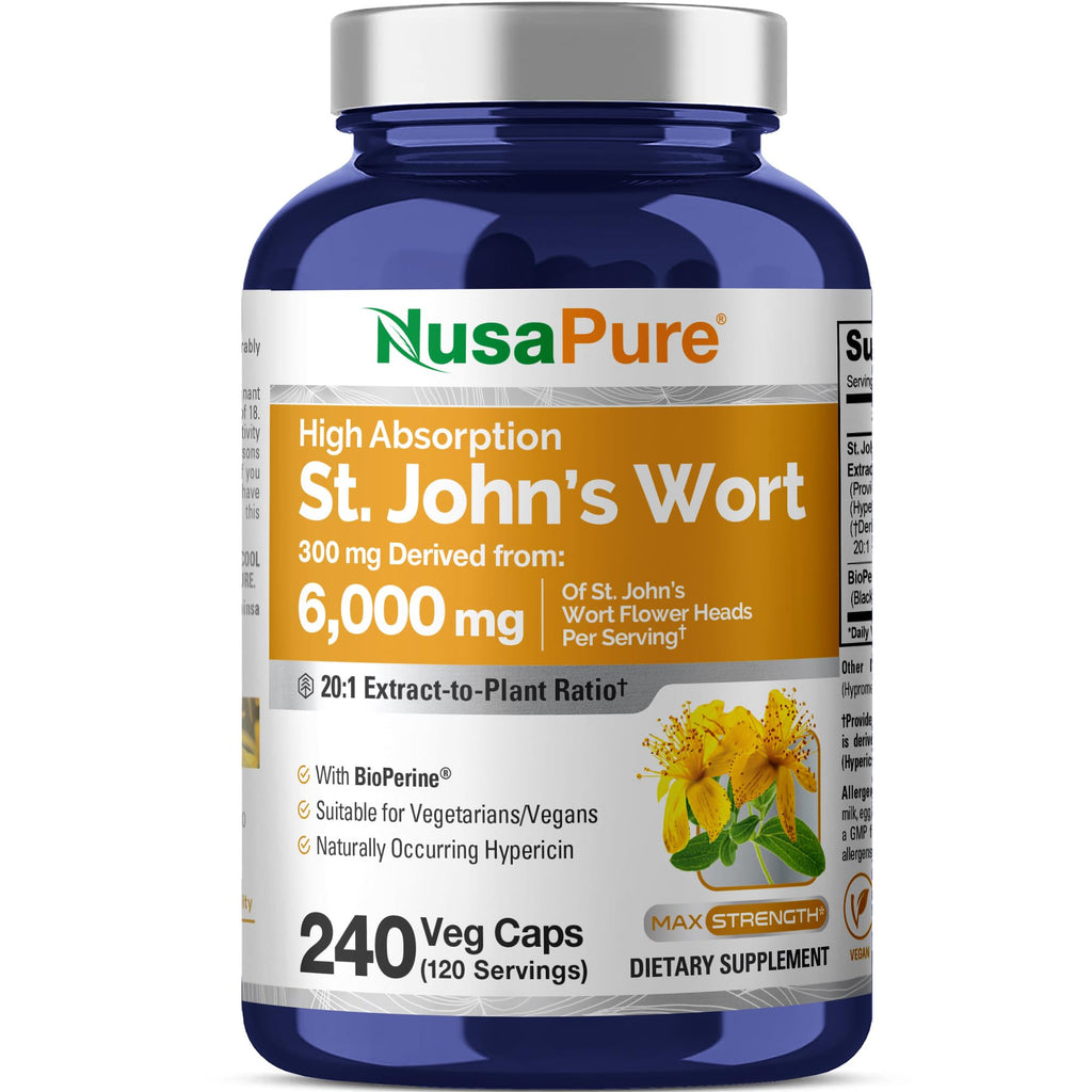 NusaPure St. John's Wort 20:1 Extract, 300 mg Equivalent to 6,000mg 240 Veggie Capsules (Vegetarian, Non-GMO & Vegan) Bioperine NusaPure Au supplements