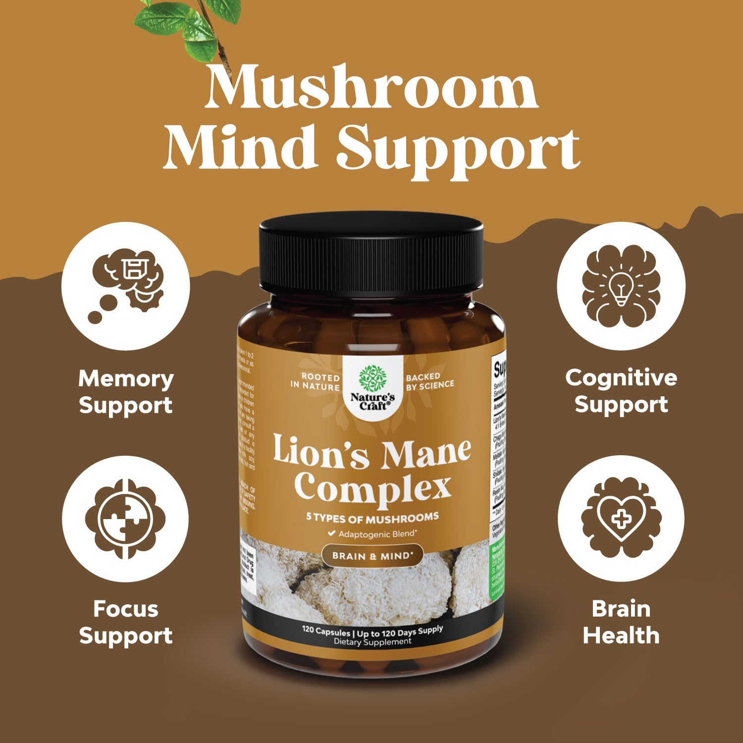 Advanced Lion's Mane Mushroom Supplement - Lions Mane Supplement Capsules with Reishi Chaga Maitake & Shiitake for Brain Health Memory Support & Focus - Nootropic for Mental Clarity - 120 Count Natures Craft Au supplements