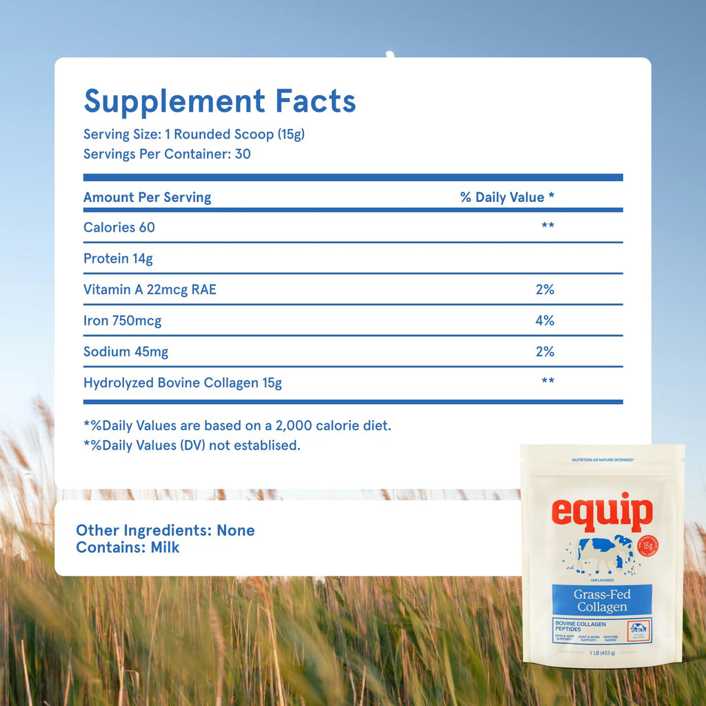 Equip Foods Grass Fed Collagen Powder | Hydrolyzed Bovine Collagen Peptides with Amino Acids | Prime Beef Collagen for Healthy Joints, Skin & Nails | Non-GMO, Paleo Friendly