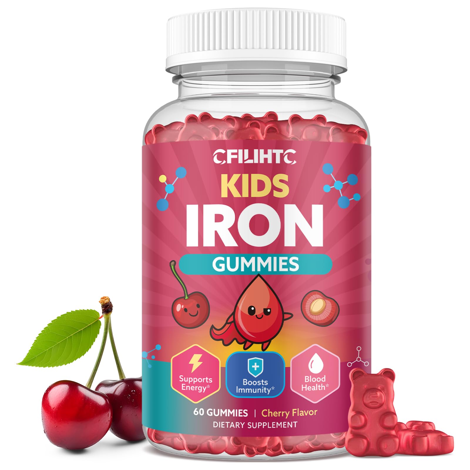 Iron Gummies for Kids & Teens, Kids Multivitamin with Iron Supplement, Calcium, Folate, Zinc, Prebiotic - for Blood Builder & Energy Support, Iron Deficiency - Vegan & Non-GMO - 60 Count Cherry CFILIHTC Au supplements
