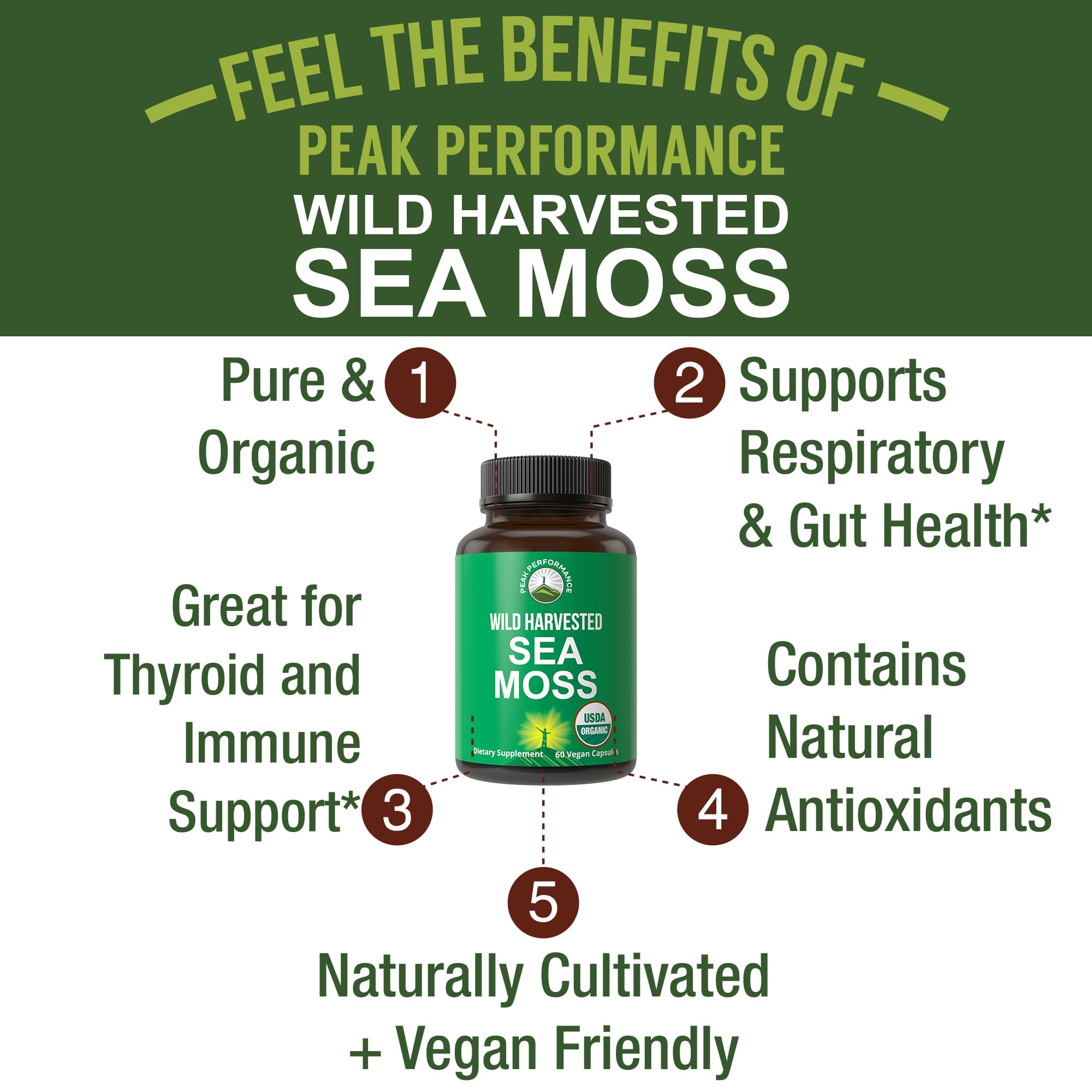 Organic Sea Moss Capsules. Wild Harvested Sea Moss Raw Organic Vegan Supplement from Red Algae Seaweed. 100% Whole Extract Raw Irish SeaMoss Superfood Pills. for Gut, Respiratory, Immune Support. Peak Performance Au supplements