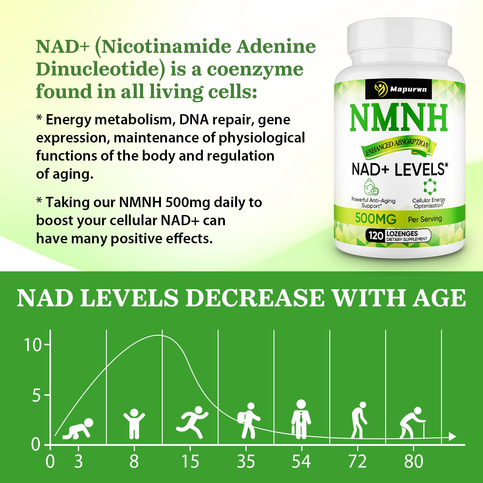 Mapurwn NMNH (Dihydronicotinamide Mononucleotide), NMN Supplement, 500mg per Serving NAD Supplement to Boost NAD+ Levels As We Age for Women & Men, Anti-Aging, Energy, Focus, 120 Count Mapurwn Au supplements