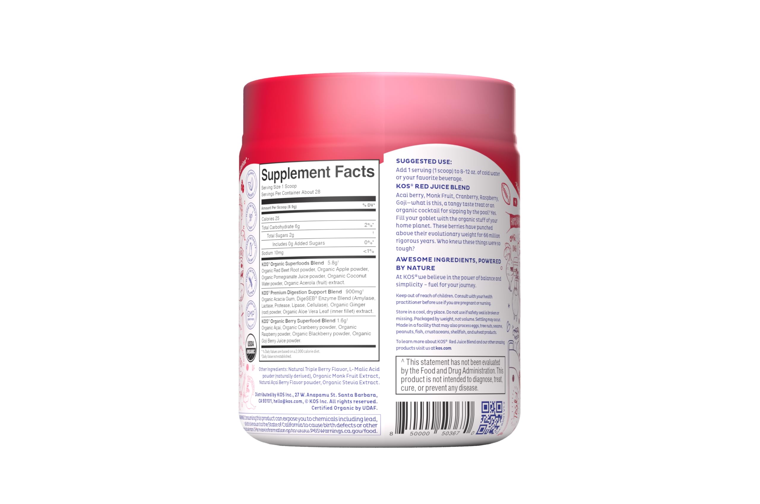 KOS Reds Superfood Powder for Antioxidants - USDA Certified Organic Beet Root, Goji Berries, Acai, Pomegranate, Coconut Water & Digestion Enzymes- Goji Berry Popsicle Flavor