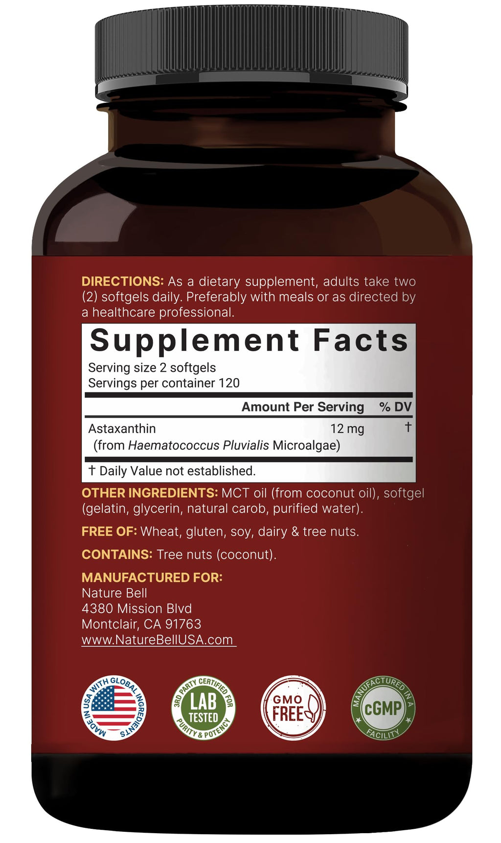 NatureBell Maximum Strength Astaxanthin 12mg, 240 Softgels - 4 Month Supply - Natural Antioxidant from Haematococcus