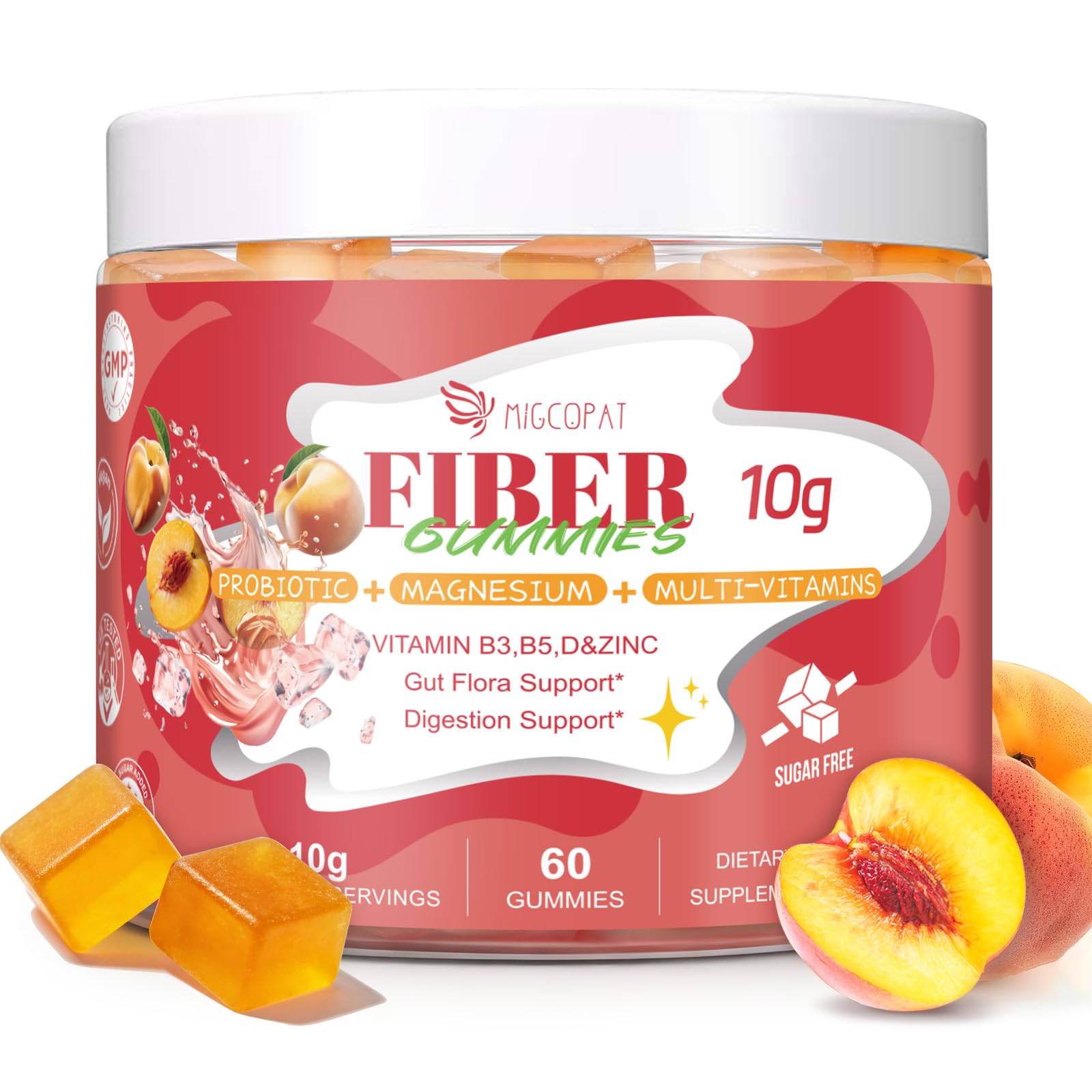 Migcopat 10G Fiber Gummies for Adults with Vitamins C, D, B3, B5 - Digestive & Gut Health Gummies with 30 Billion CFU Probiotics Blend, Inulin, ACV, Magnesium, Zinc