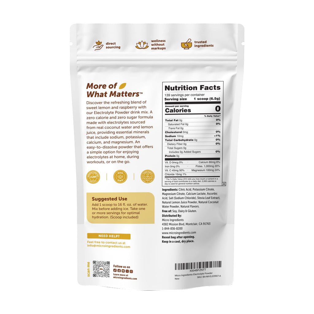 Micro Ingredients Electrolyte Powder, 2 lbs (139 Servings) | Lemon Raspberry Flavor | High Potassium (1,000mg) + Coconut Water & Real Lemon Juice