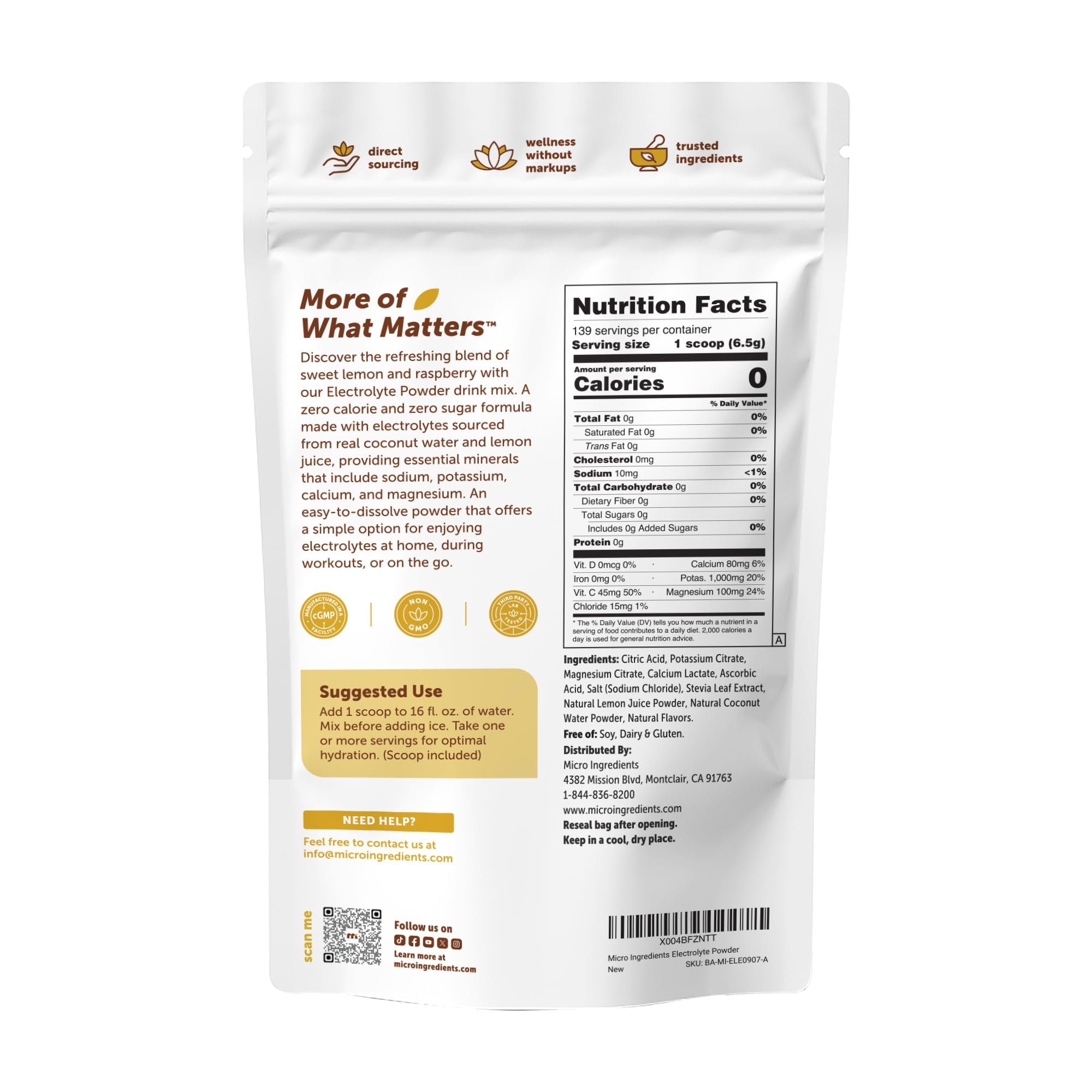 Micro Ingredients Electrolyte Powder, 2 lbs (139 Servings) | Lemon Raspberry Flavor | High Potassium (1,000mg) + Coconut Water & Real Lemon Juice