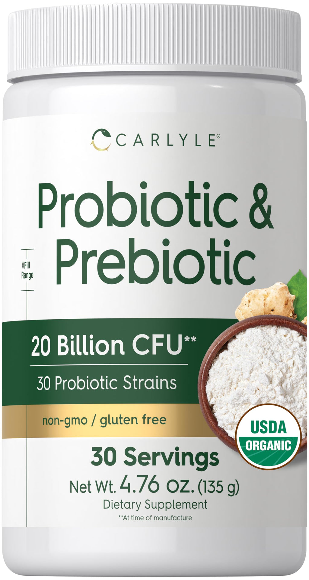 Carlyle Probiotic and Prebiotic Powder | 20 Billion CFU | 4.76 oz | Organic Fiber Blend | for Women and Men | Vegetarian, Non-GMO,