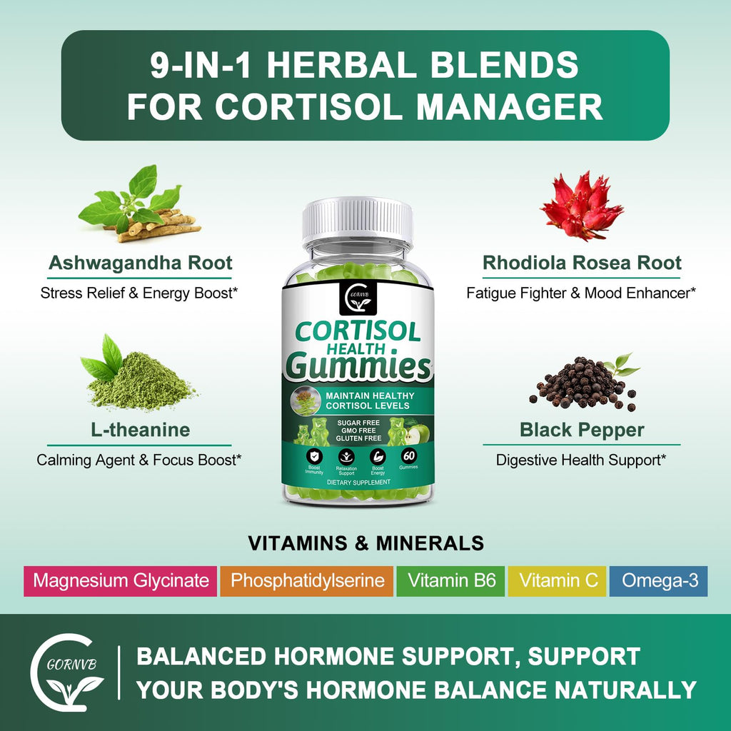 GORNVB Cortisol Gummies, Cortisol Supplement for Women with Magnesium, Ashwagandha, Rhodiola, Phosphatidylserine, L-Theanine, Black Pepper, Vitamin C & B6 - Relaxation, Focus, Sleep Support - 2 Pack GORNVB Au supplements
