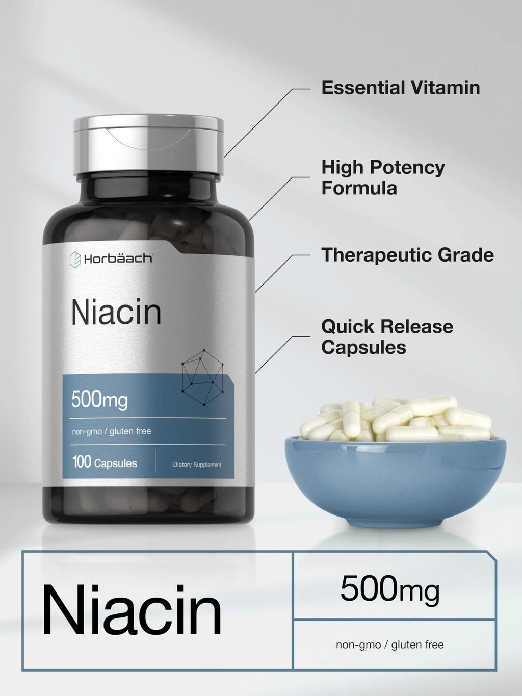 Niacin | Vitamin B3 500mg | 100 Capsules | with Flushing | Non-GMO, and Gluten Free Horbäach Au supplements