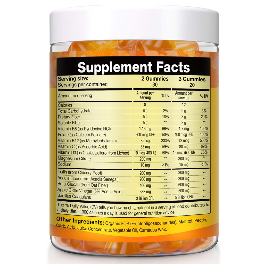 15-in-1 Magnesium Citrate Fiber Gummies with Probiotic Prebiotic for Digestion,  Fiber Supplement with Magnesium Citrate 300mg, Apple Cider Vinegar 500mg, Acacia, B6, B12, 60 Orange Vegan Gummies
