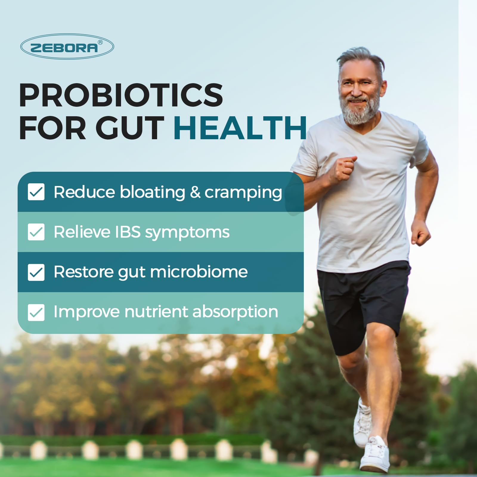 ZEBORA Probiotics for Men and Prebiotics for Digestive Health, 90 Tablets, 60 Billion CFUs for Immune and Gut Health, 10 Strains, Hypoallergenic Probiotics,