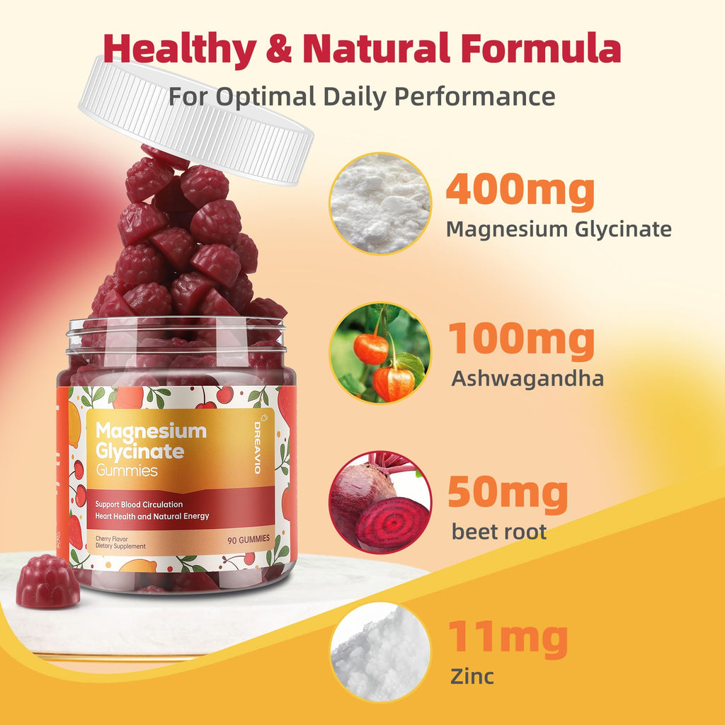 DREAVIO 90 Count Magnesium Glycinate Gummies 400mg w/Ashwagandha Supplement - Sugar Free Zinc Magnesium Glycinate Supplement Ashwagandha Gummies for Adults DREAVIO Au supplements