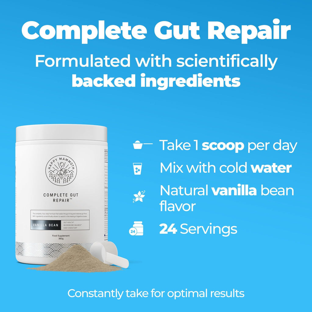 Happy Mammoth Complete Gut Repair Probiotic, Prebiotic, Fiber & Collagen Supplement for Gut Health, Digestion, Healthy Gut Microbiome, Reduces Constipation