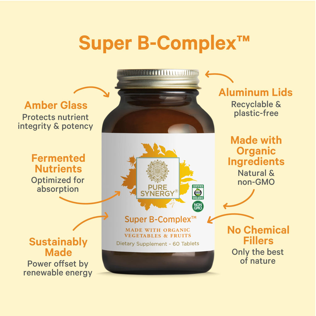 PURE SYNERGY Super B-Complex | Vitamin B Complex Made with Organic Whole Foods | Vegan Supplement with Natural Vitamin B12, Niacin, and Folate | for Energy