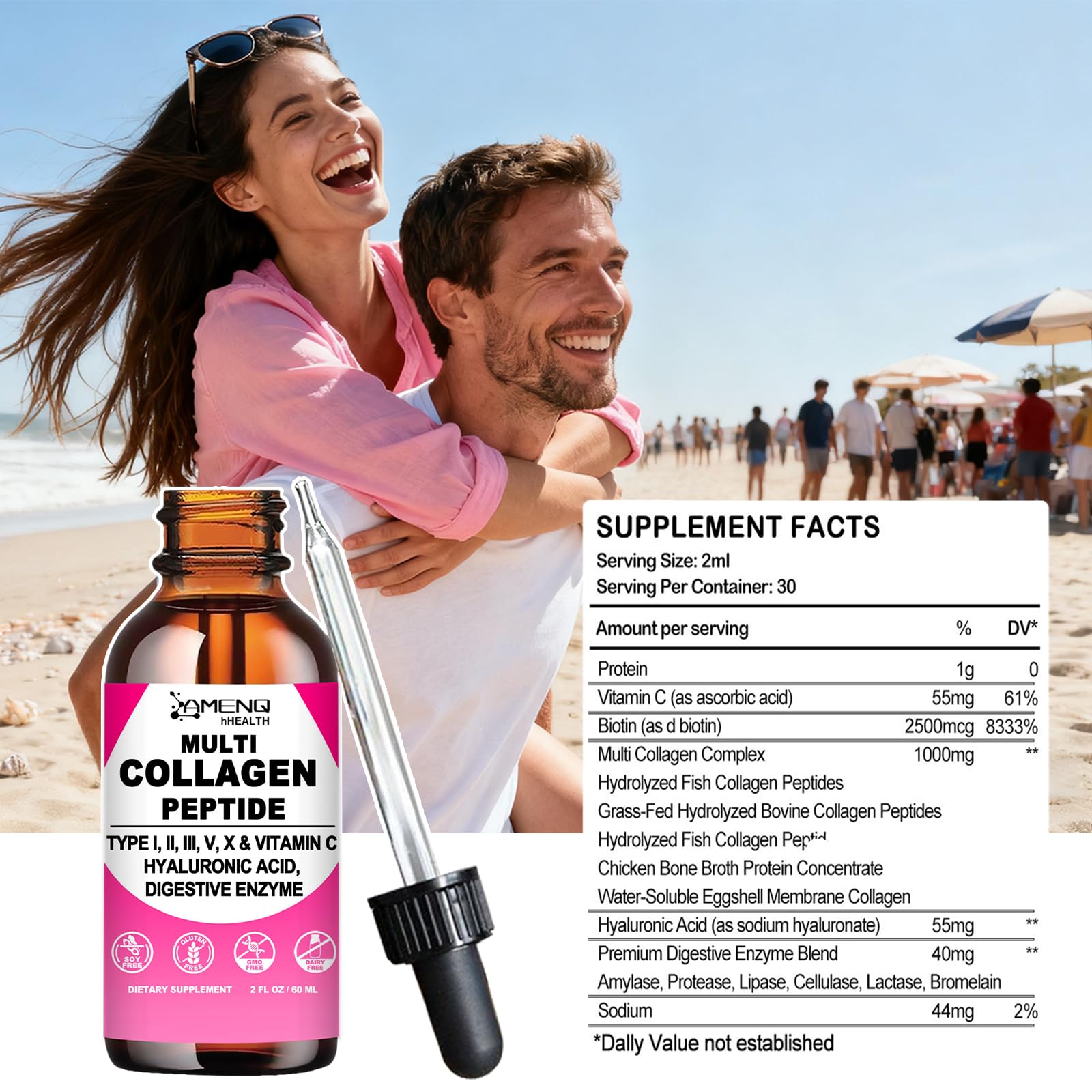 Multi Collagen Peptides Liquid Drops for Women & Men, Hydrolyzed Collagen Peptides Type