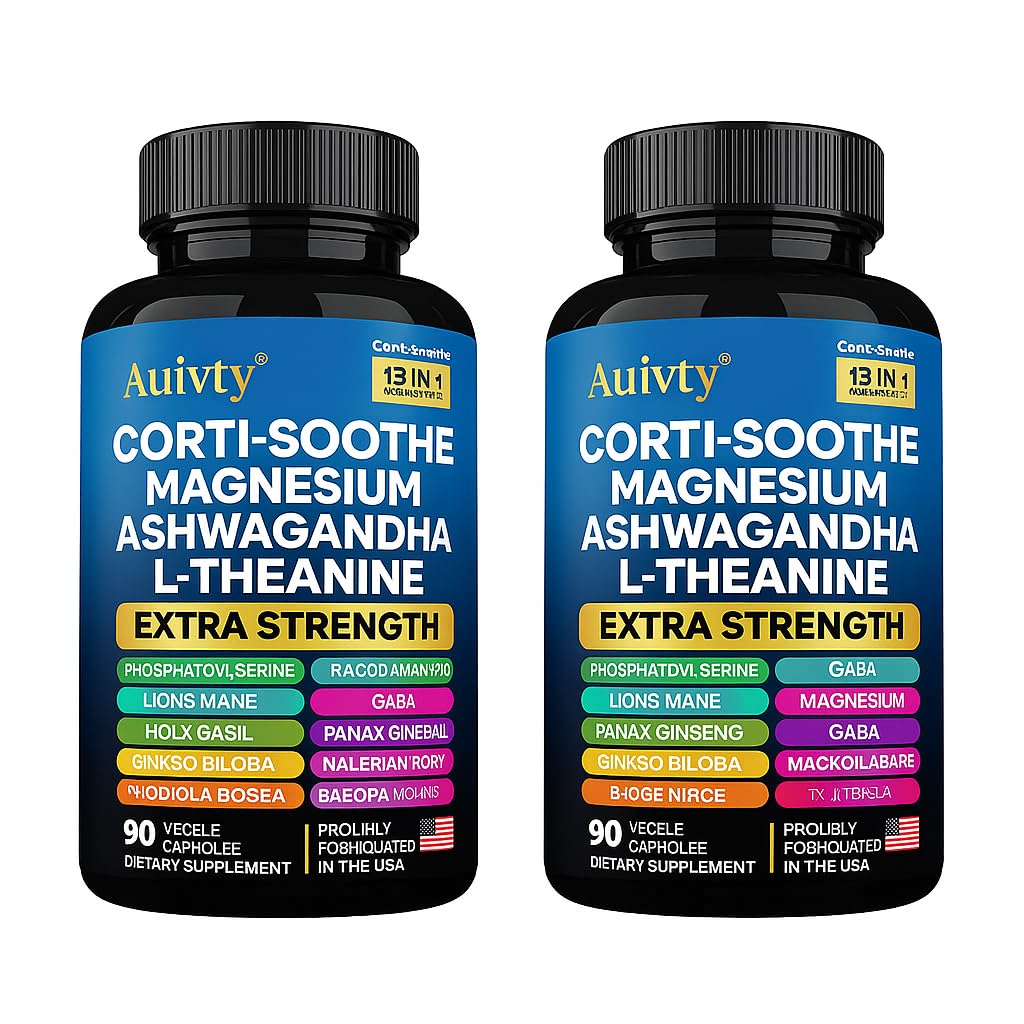 Auivty Cortisol Manager & Adrenal Support - Cortisol Reducer for Stress Relief, Calm & Sleep - 13-in-1 Adaptogen with Ashwagandha & Magnesium - 180 Capsules (2-Pack) Auivty Au supplements