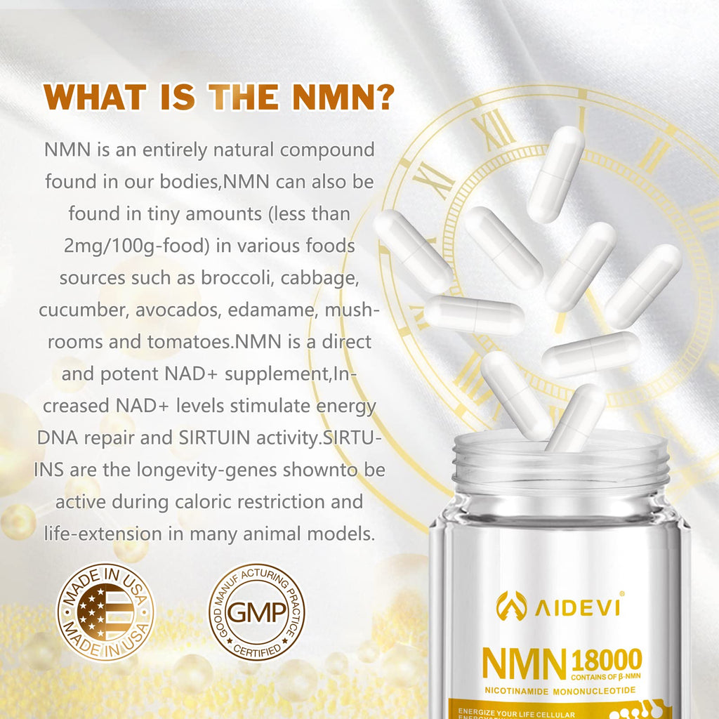 AIDEVI NMN 18000 - Nicotinamide Mononucleotide Supplement with Resveratrol, Stabilized Form & 99% High Purity to Boost NAD+ Levels for DNA Repair Supplement, for Healthy Aging, 60 Capsules AIDEVI Au supplements
