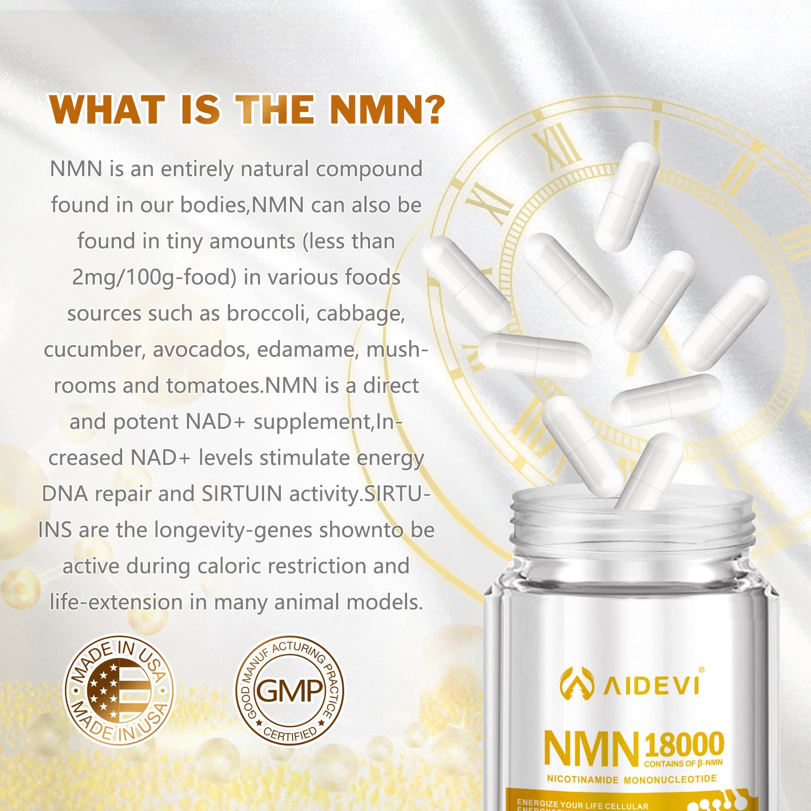 AIDEVI NMN 18000 - Nicotinamide Mononucleotide Supplement with Resveratrol, Stabilized Form & 99% High Purity to Boost NAD+ Levels for DNA Repair Supplement, for Healthy Aging, 60 Capsules AIDEVI Au supplements
