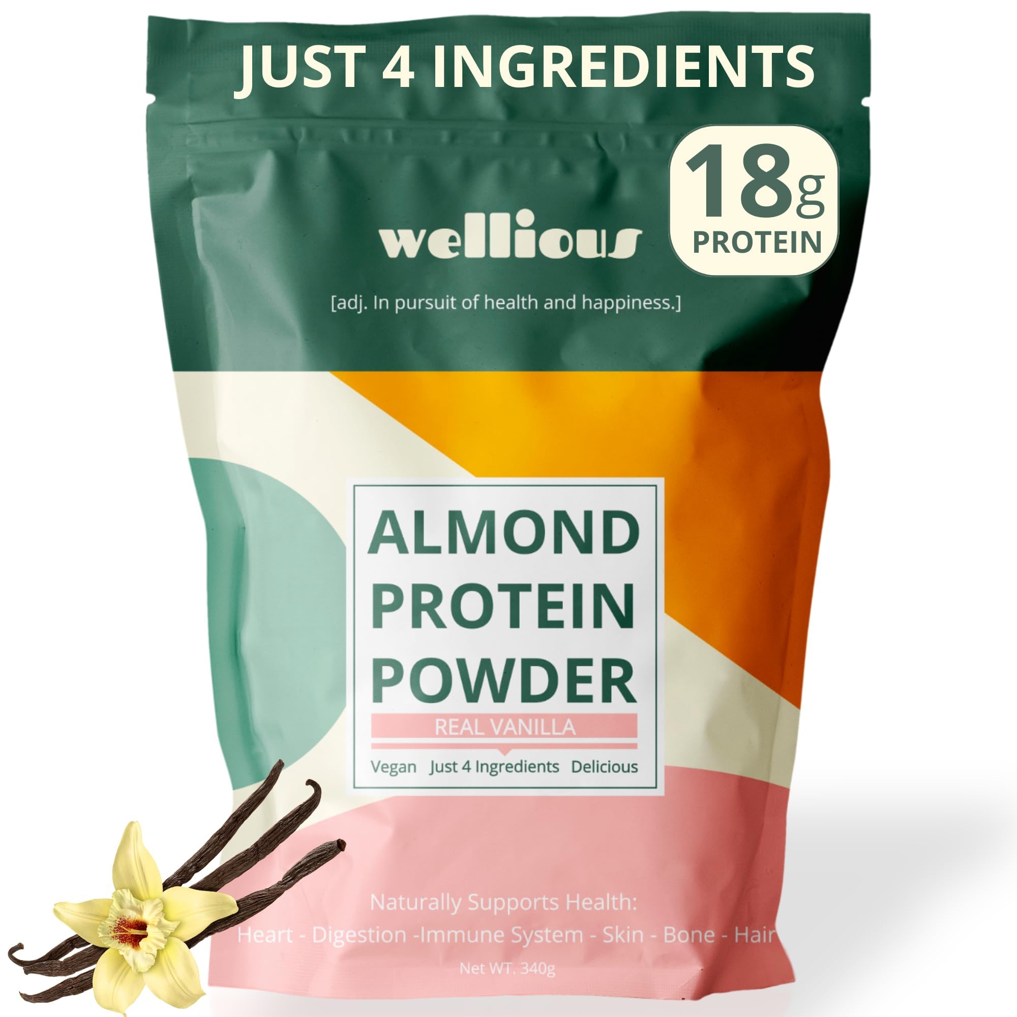 wellious Almond Protein Powder (Vanilla) - 18 Grams of Pure Healthiest Vegan Protein for Women & Men - Perfect Soy-Free & Smooth Gut Friendly Protein Powder for Sports Nutrition