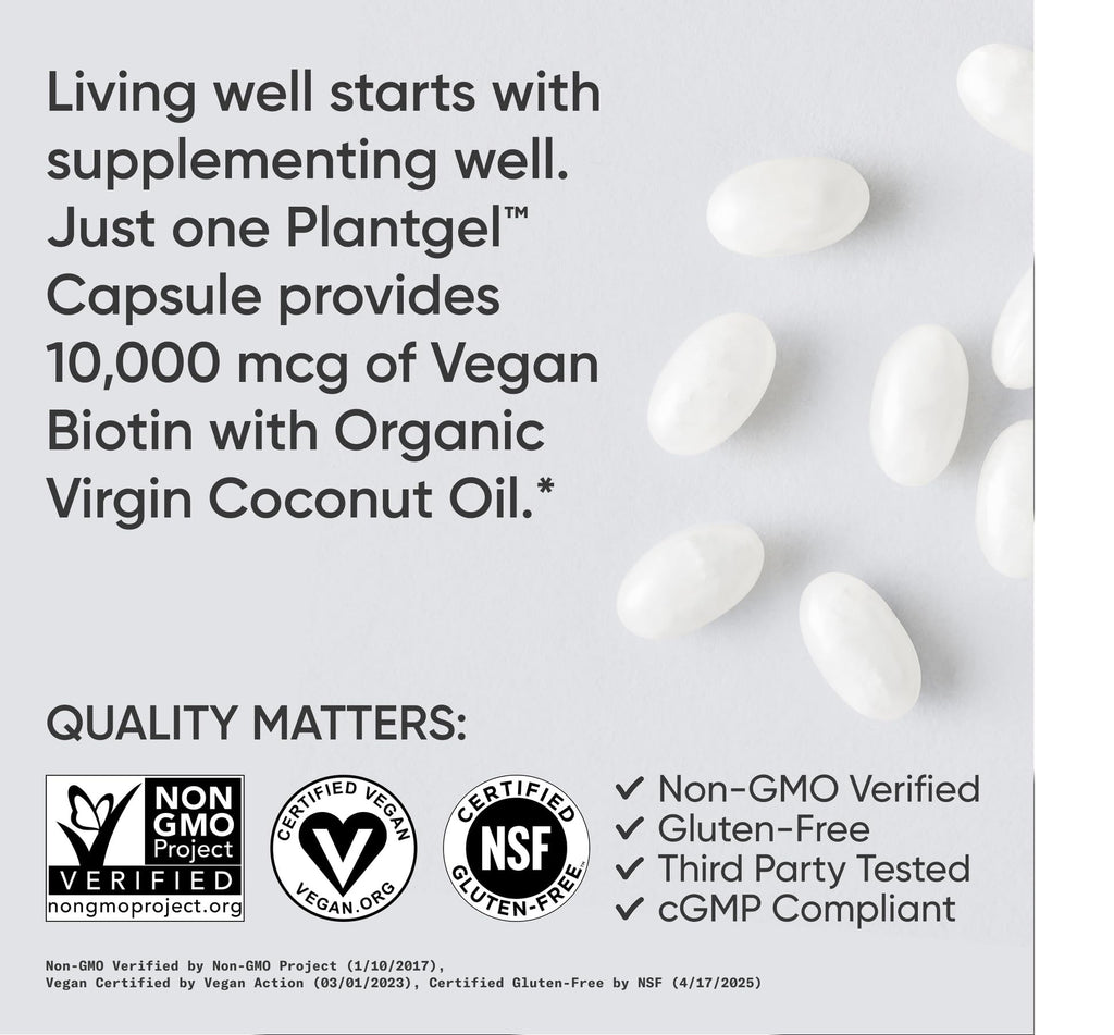 Sports Research® Biotin 10,000mcg with Organic Coconut Oil - Biotin (Vitamin B7) for Healthy Skin and Hair Support* - for Women and Men - Vegan, Non-GMO