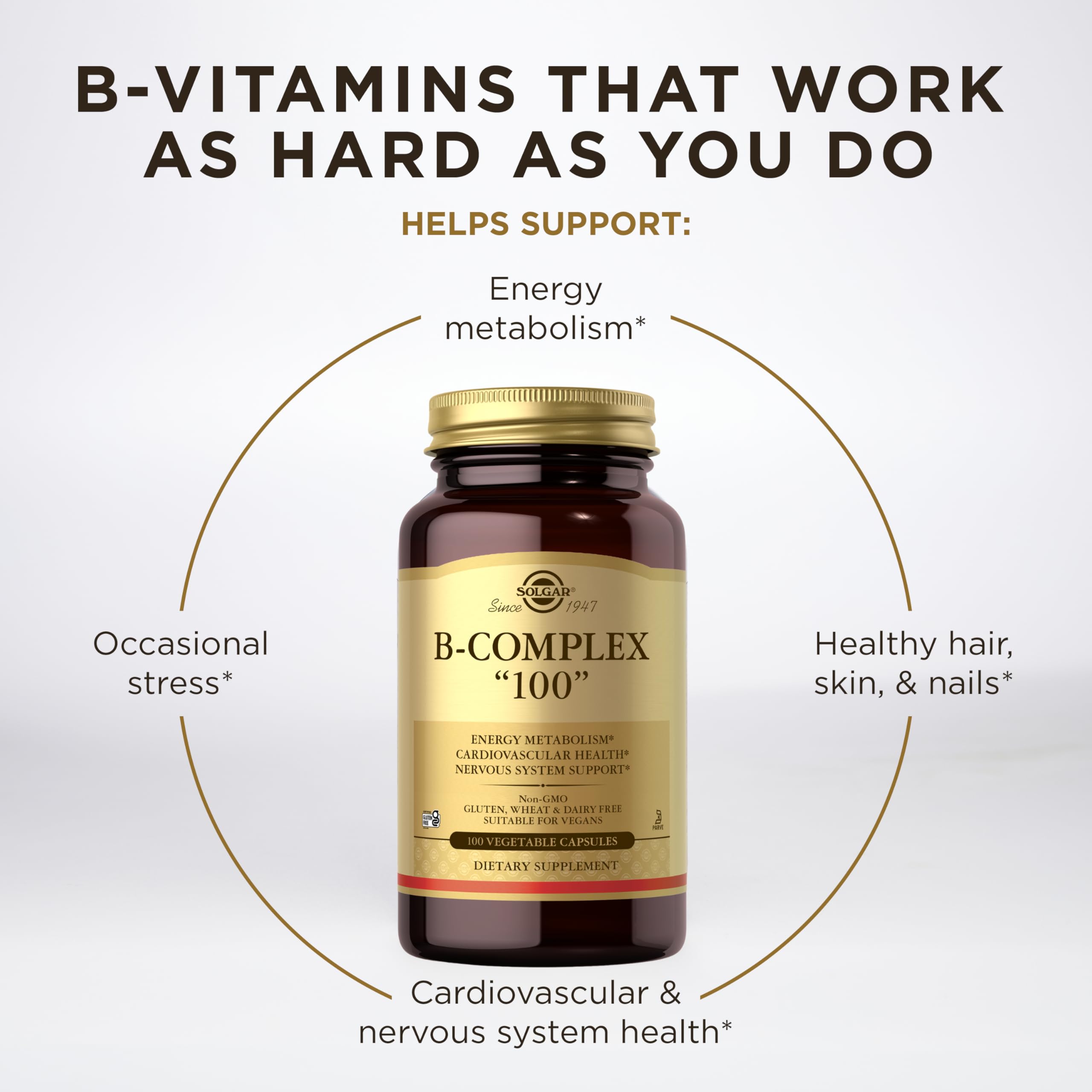 Solgar B-Complex "100", 100 Vegetable Capsules - Nervous System Support - Supports Energy Metabolism - Non-GMO, Vegan, Gluten Free,