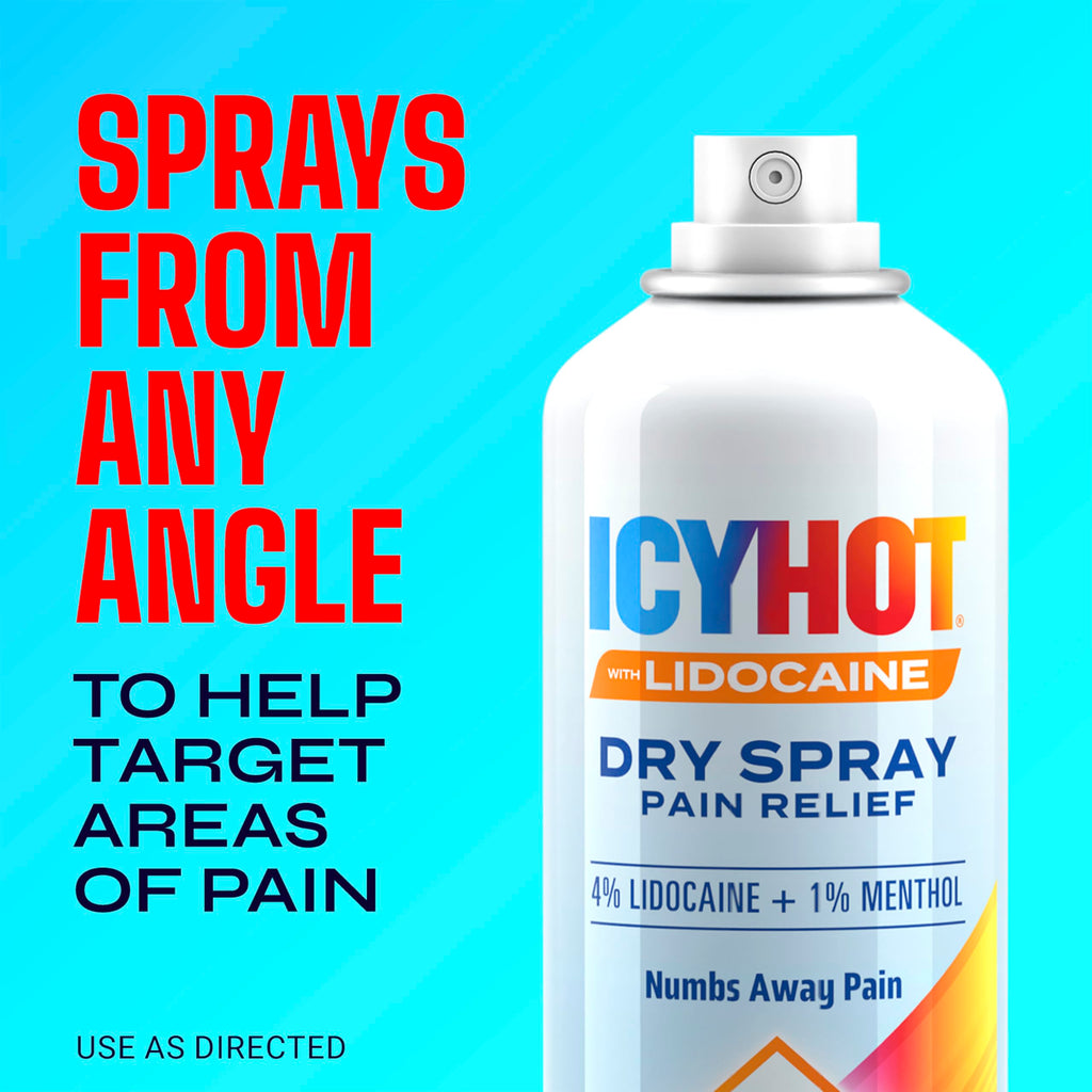 Icy Hot Lidocaine Pain Relief Dry Spray, Numb Aggravated Nerves with Max Strength Lidocaine 4% and Menthol 1%, Fast-Acting Pain Relief for Minor Pain, Backaches, Sprains and Strains, 4 oz Icy Hot Au supplements