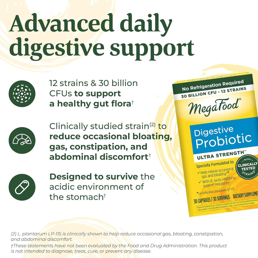 MegaFood Digestive Probiotic - 12 Strain Vegetarian Probiotics for Women & Men, 30 Billion CFUs, Support Gut Health, Probiotics for Digestive Health Help Relieve Occasional Gas & Bloating, 30 Capsules MegaFood Au supplements