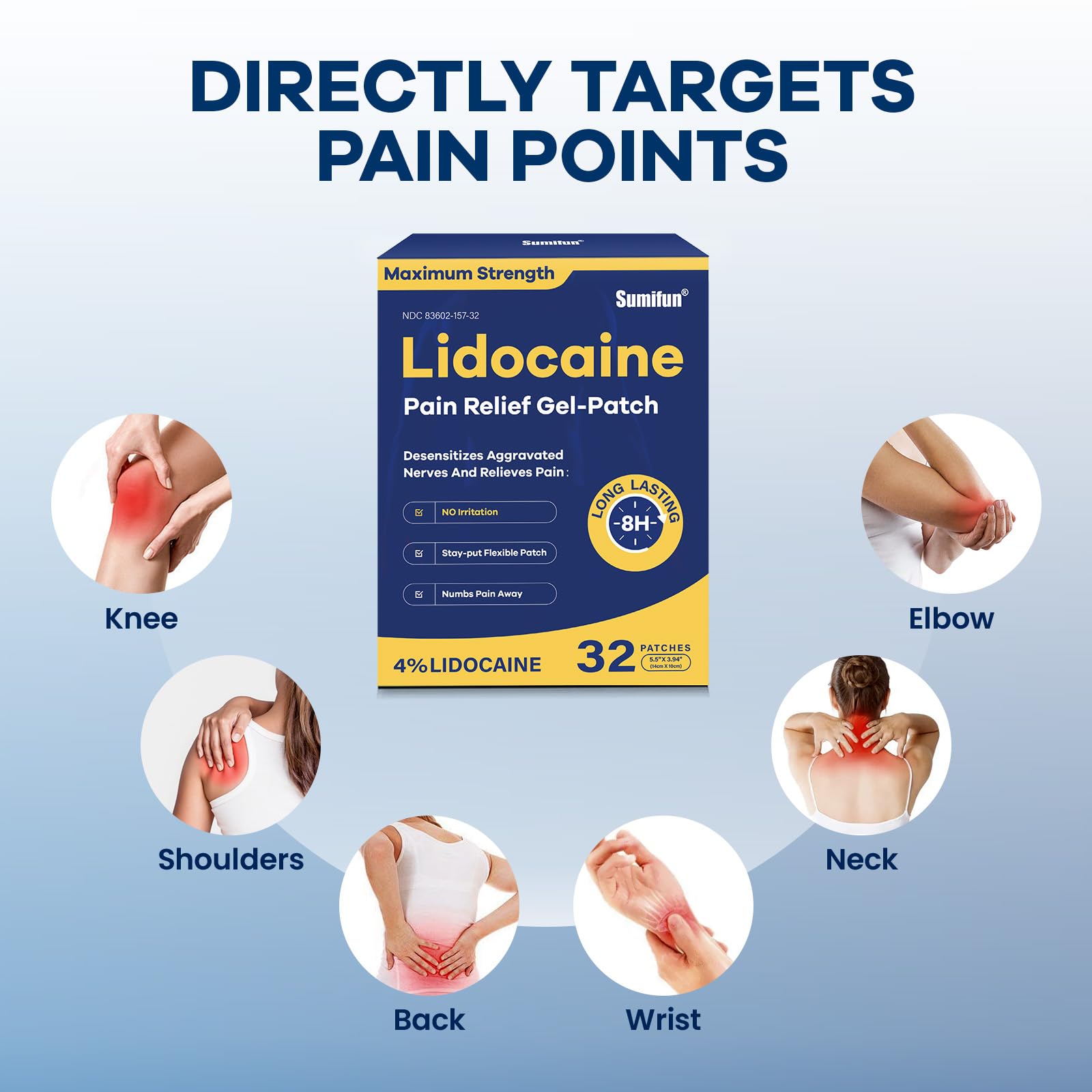 Sumifun 4% Lidocaine Patches Maximum Strength- Pain Relieving Gel Patch for Back, Shoulder, Muscle, Knee Pain Relief,Neck & Joint Pains-Numbs Away Pain, Apply for Up to 8 Hours (Large, Count, 32) Sumifun Au supplements